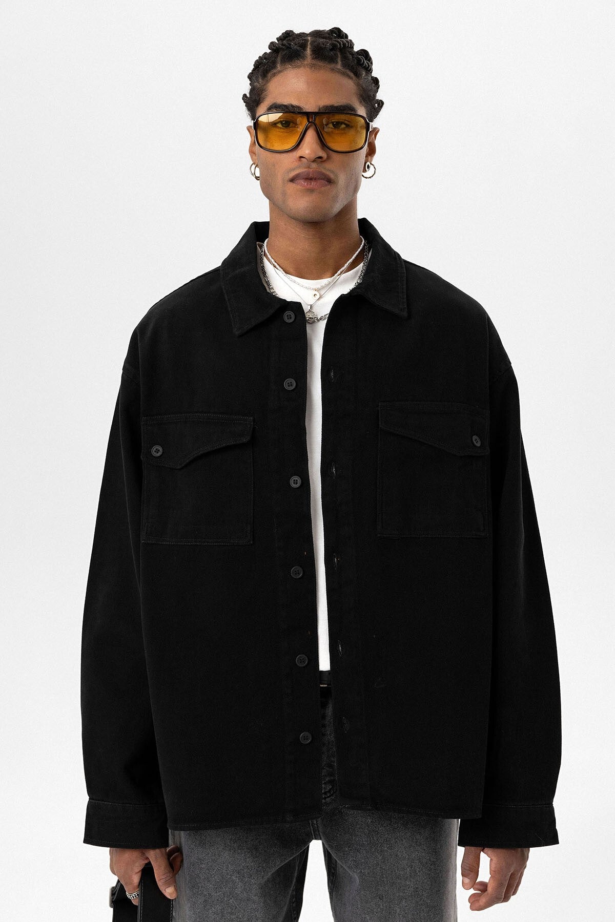 Oversized Denim Jacket with Double Pockets and Back Print