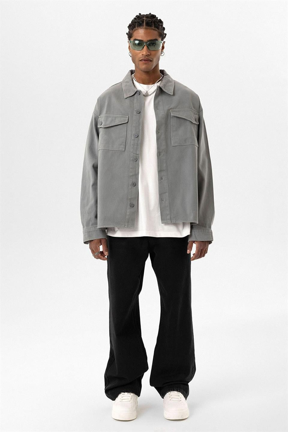 Oversized Denim Jacket with Double Pockets and Back Print