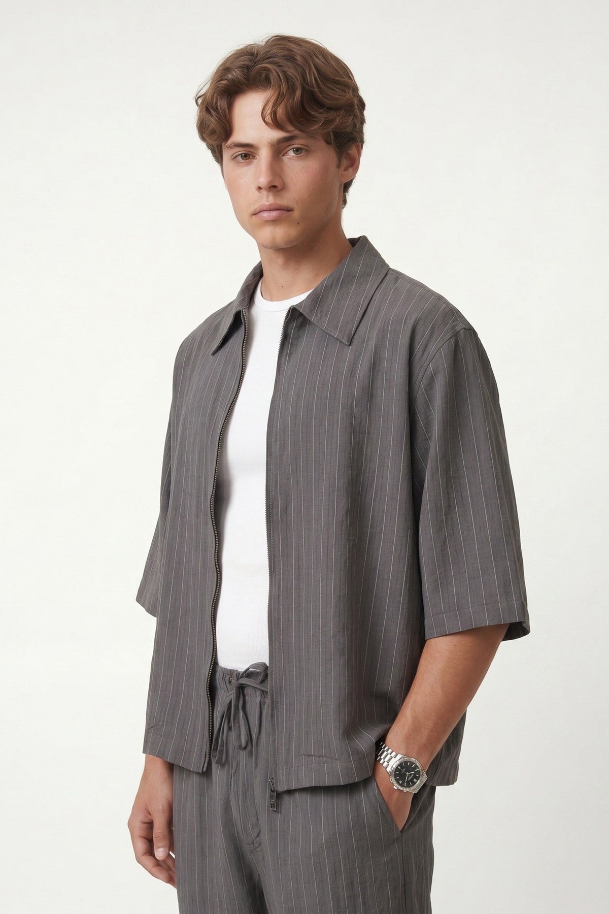 Lyocell-Blend Striped Linen Shirt with a Zipper
