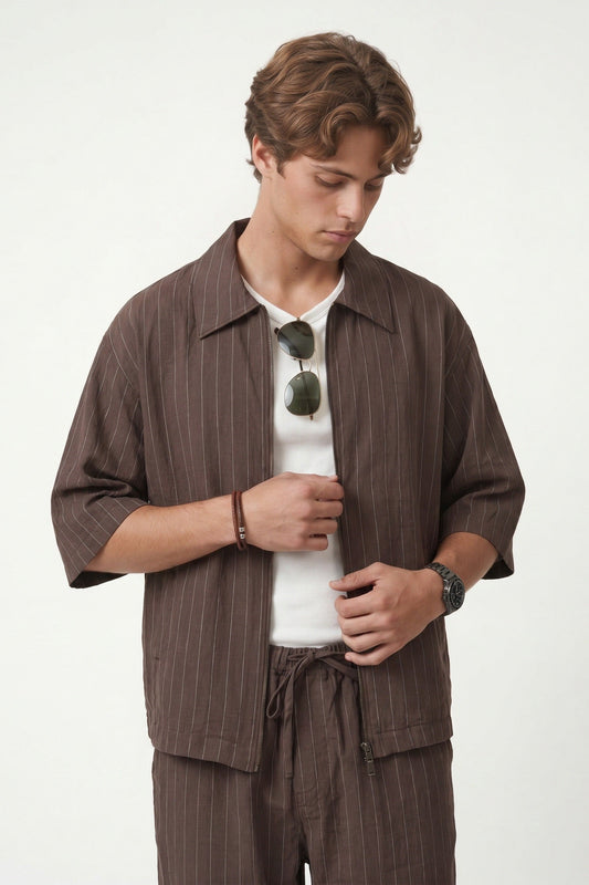 Lyocell-Blend Striped Linen Shirt with a Zipper