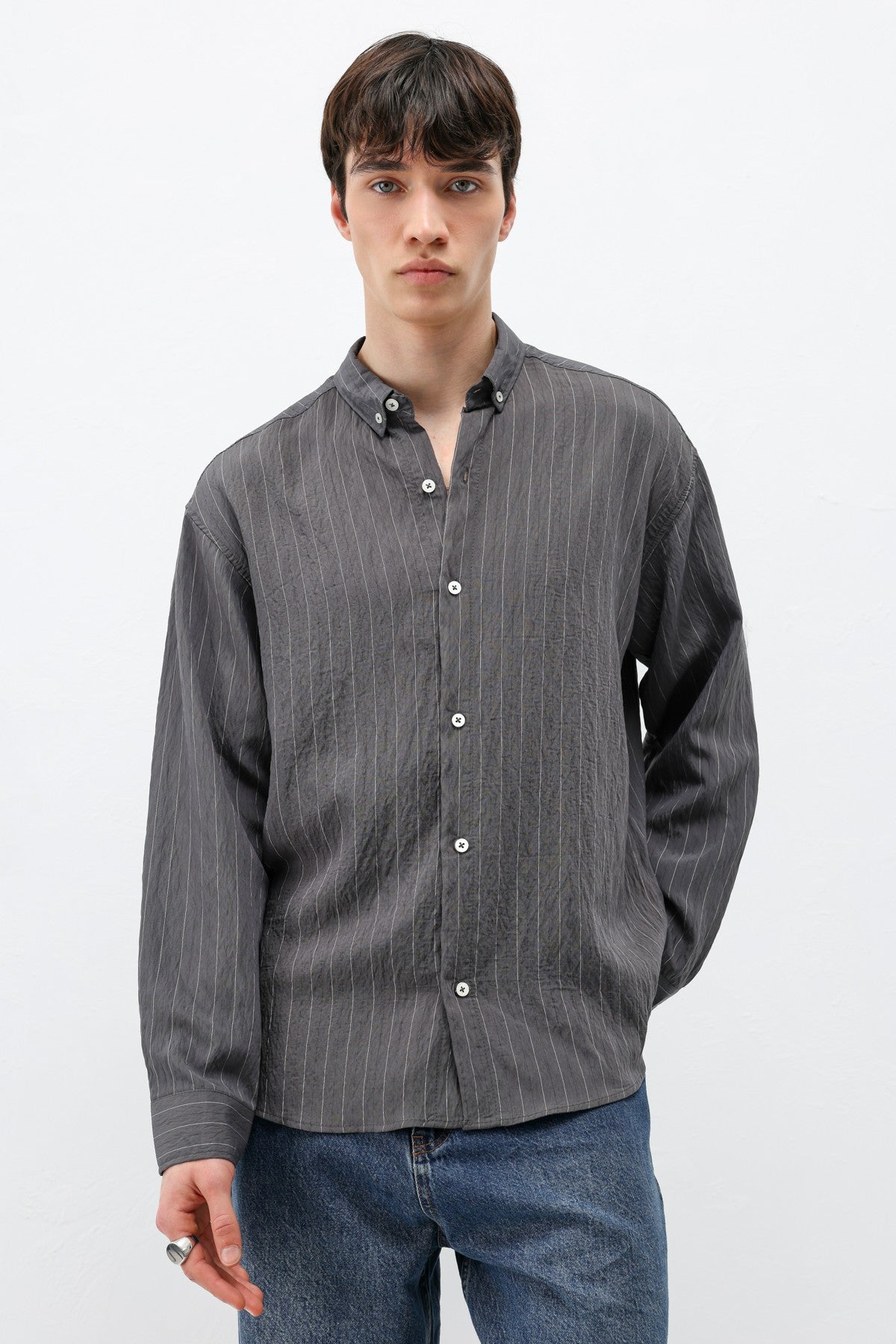 Oversized Shirt in Striped Lyocell Fabric