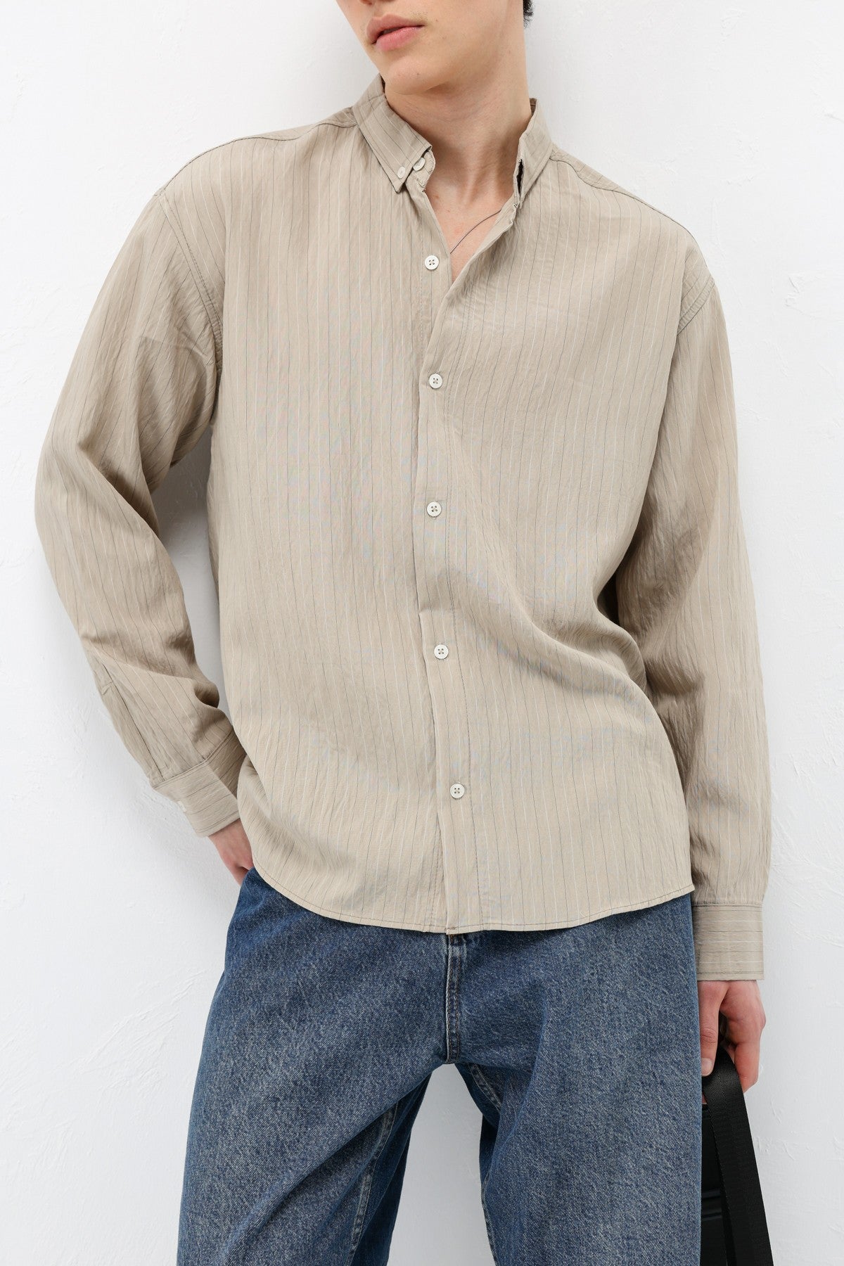 Oversized Shirt in Striped Lyocell Fabric