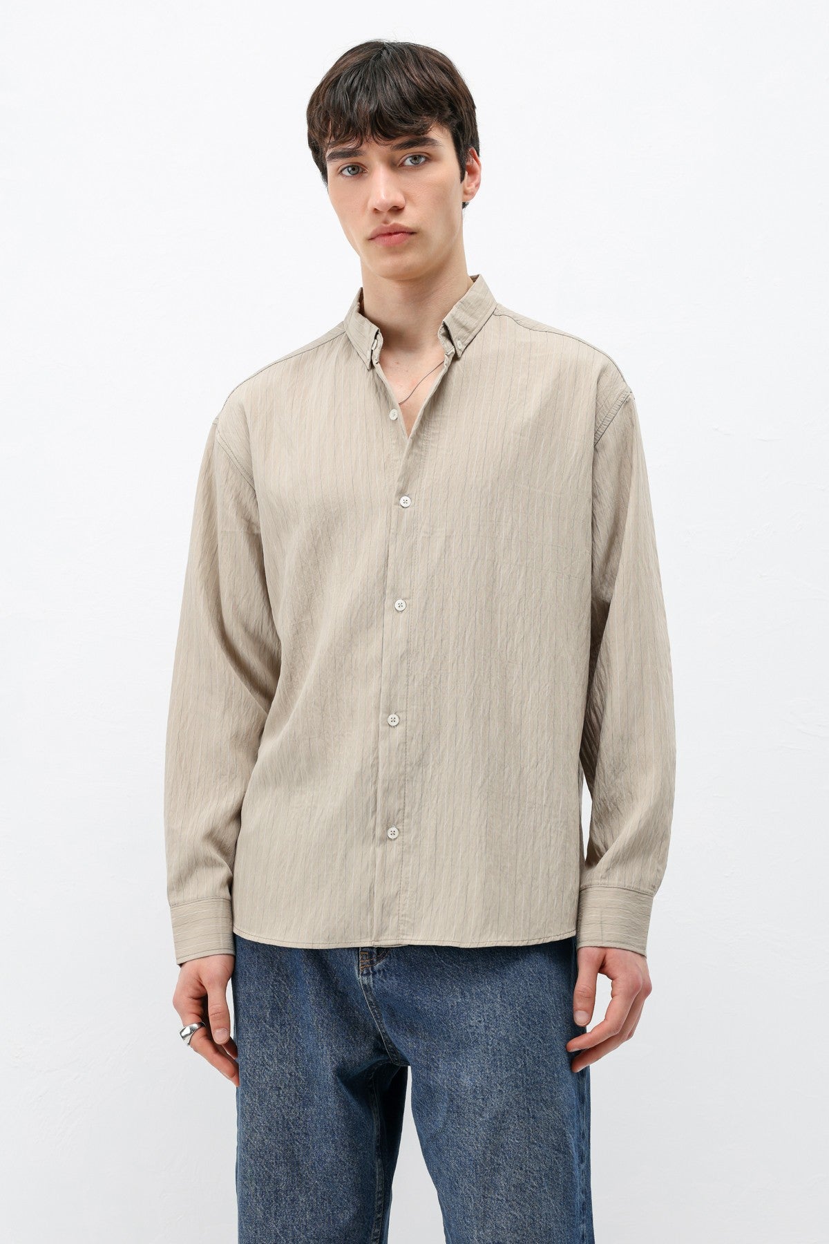 Oversized Shirt in Striped Lyocell Fabric