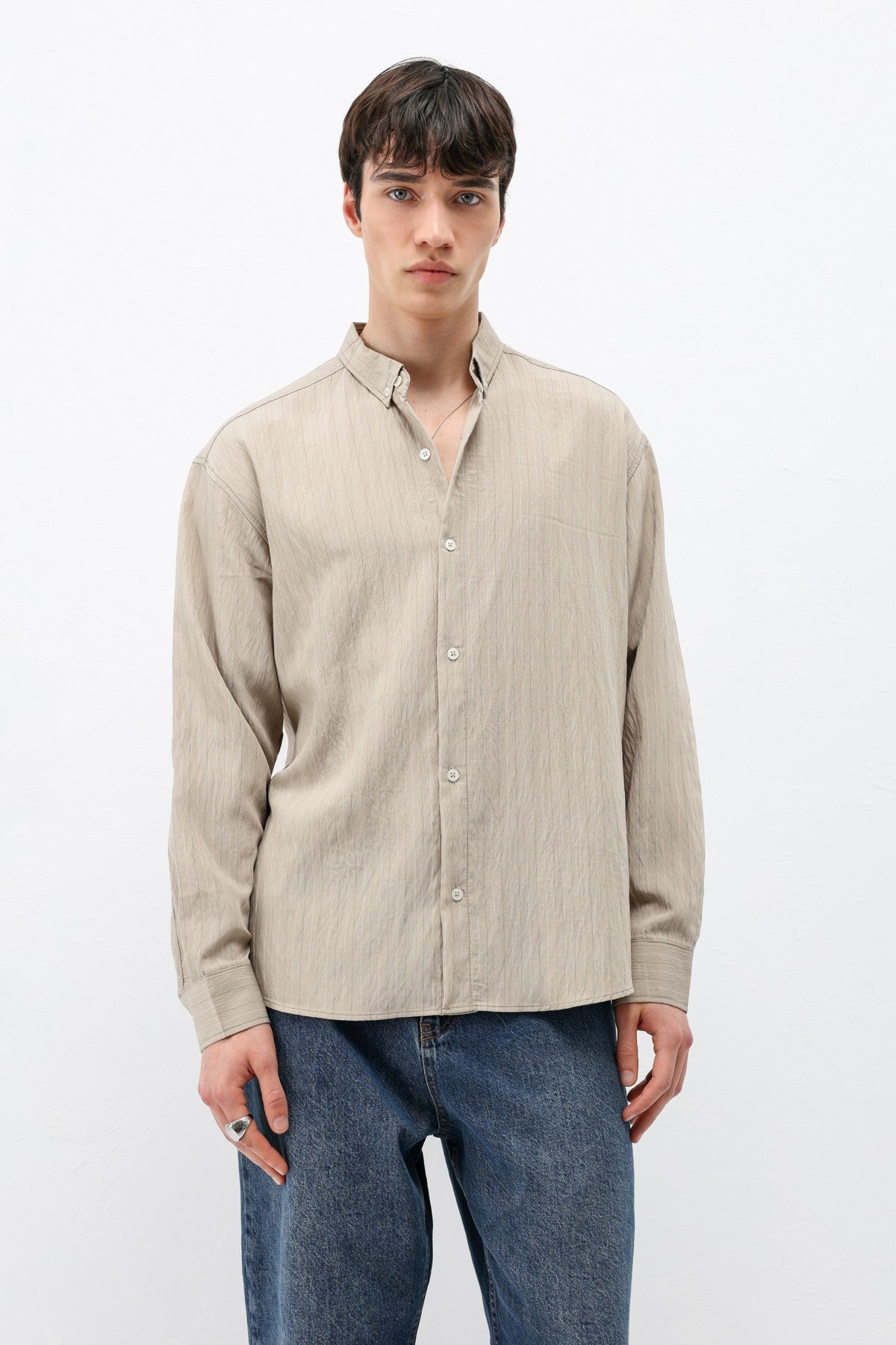Oversized Shirt in Striped Lyocell Fabric