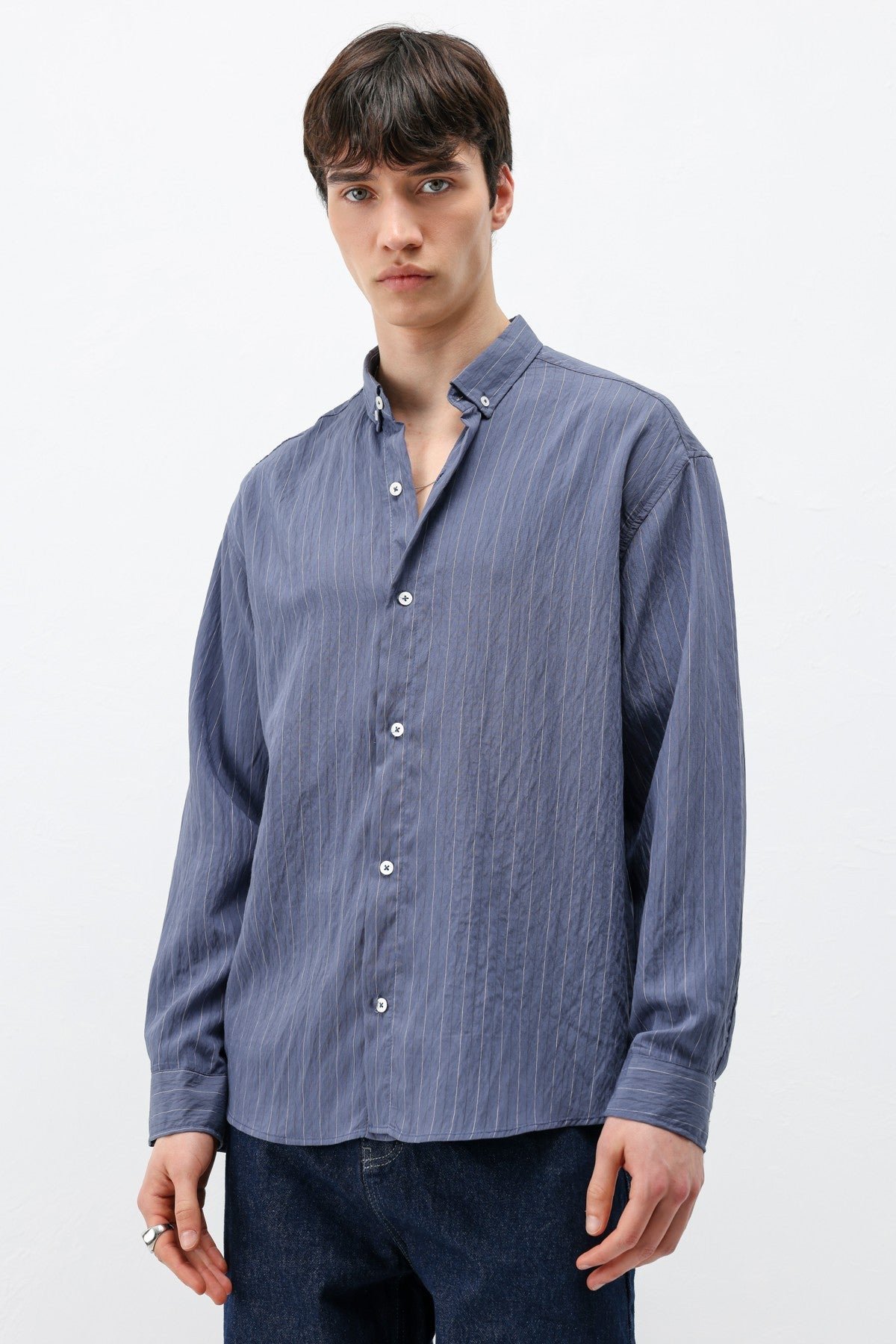 Oversized Shirt in Striped Lyocell Fabric