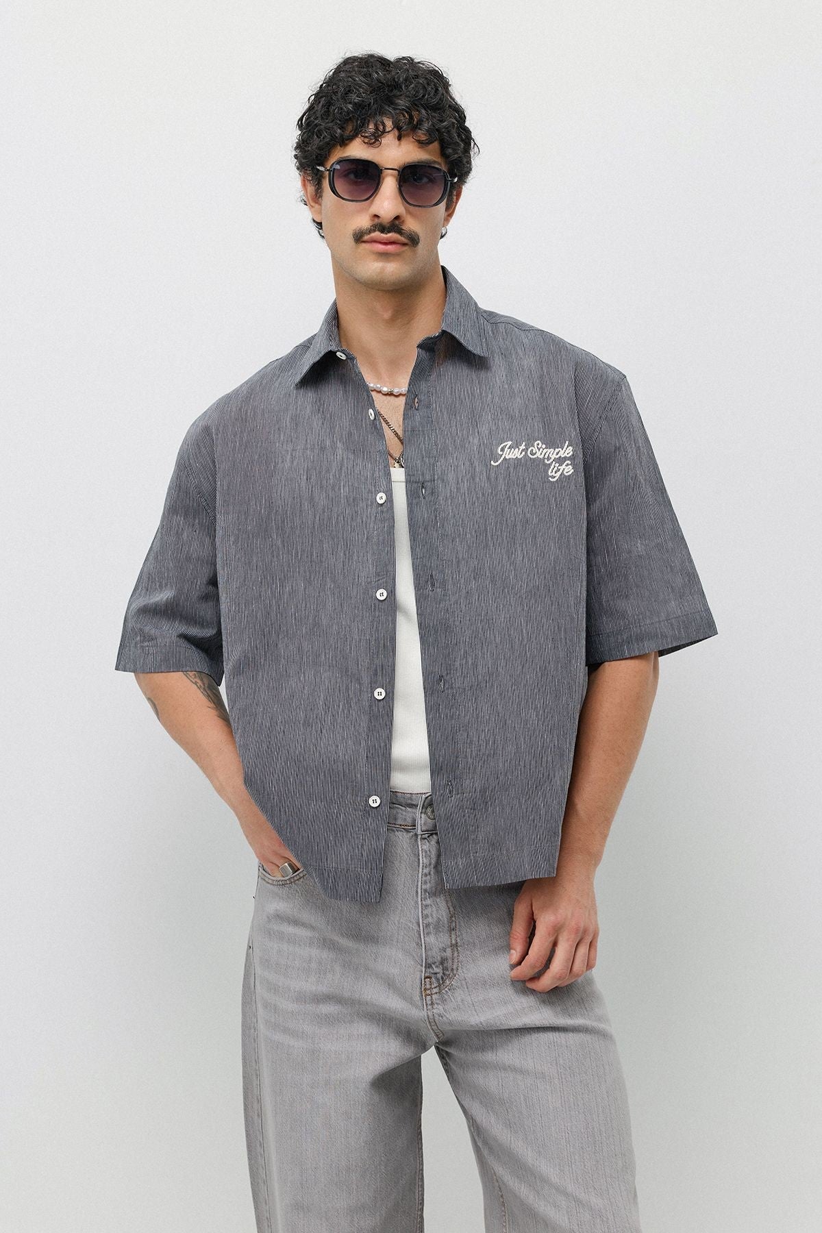 Embroidered Striped Box-Fit Shirt