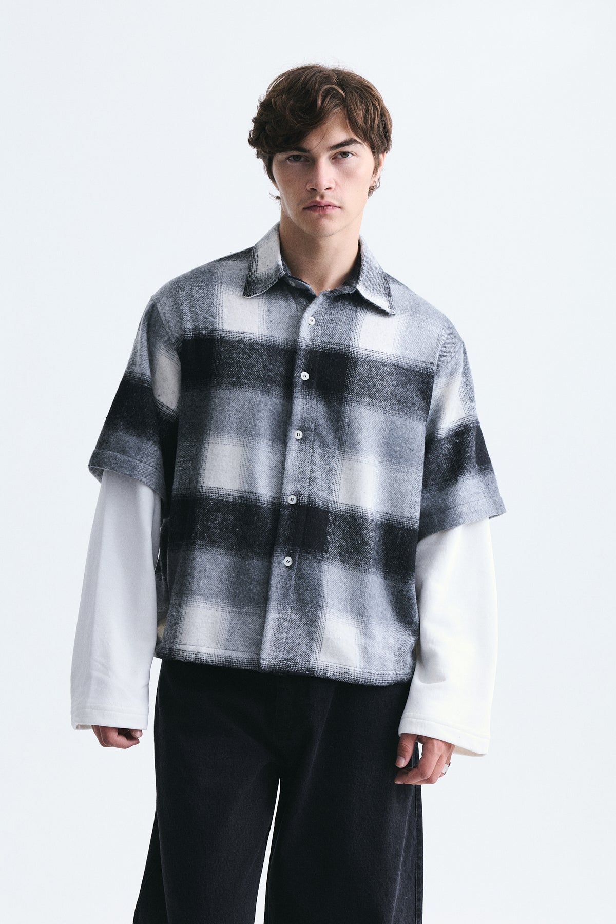 Boxy Fit Checkered Double-Sleeve Shirt