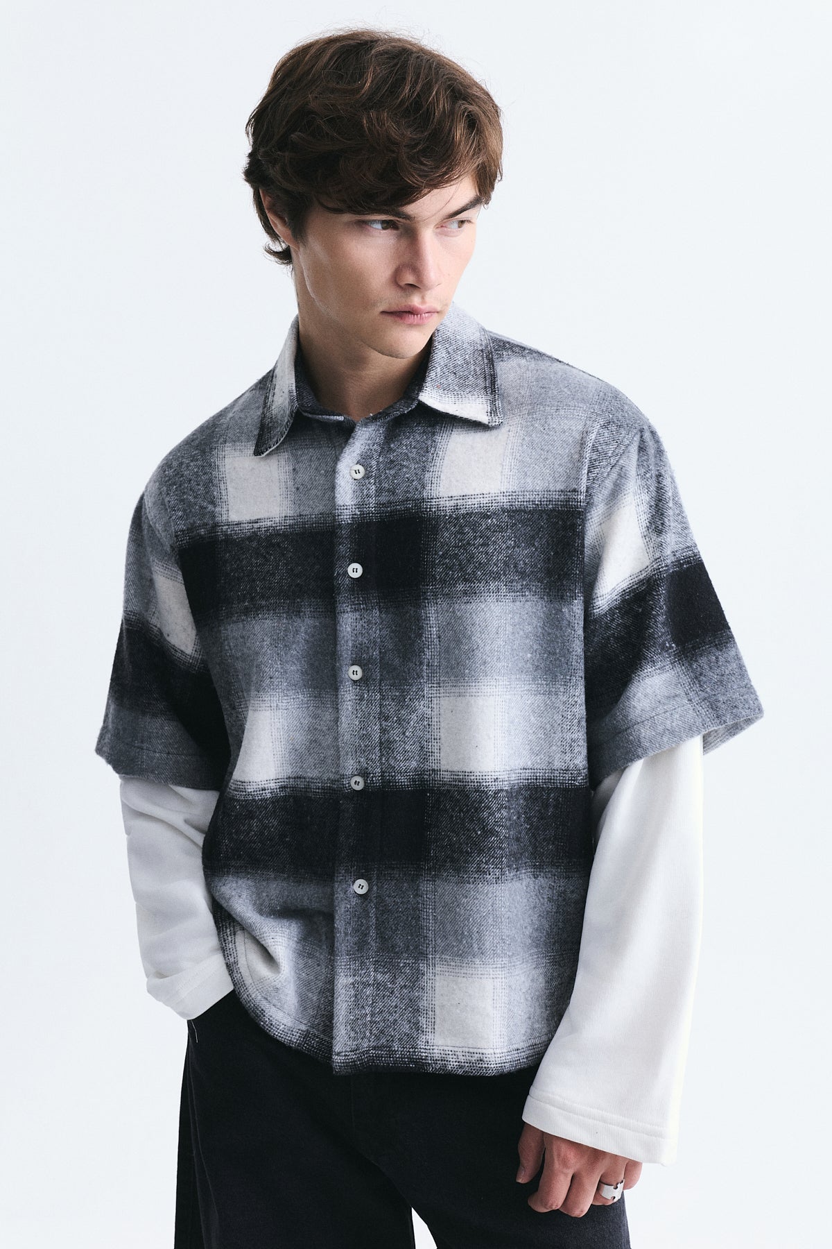 Boxy Fit Checkered Double-Sleeve Shirt