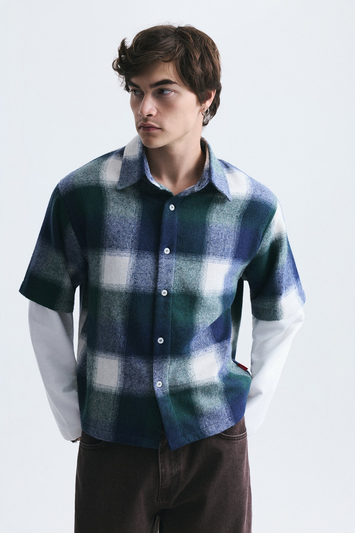 Boxy Fit Checkered Double-Sleeve Shirt