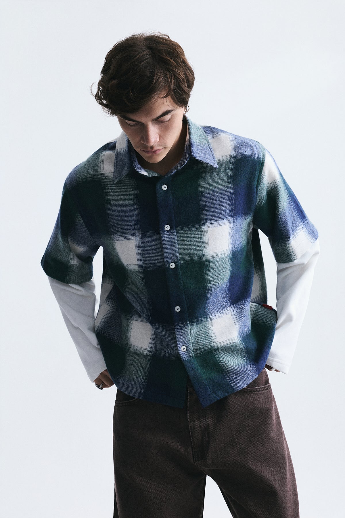 Boxy Fit Checkered Double-Sleeve Shirt