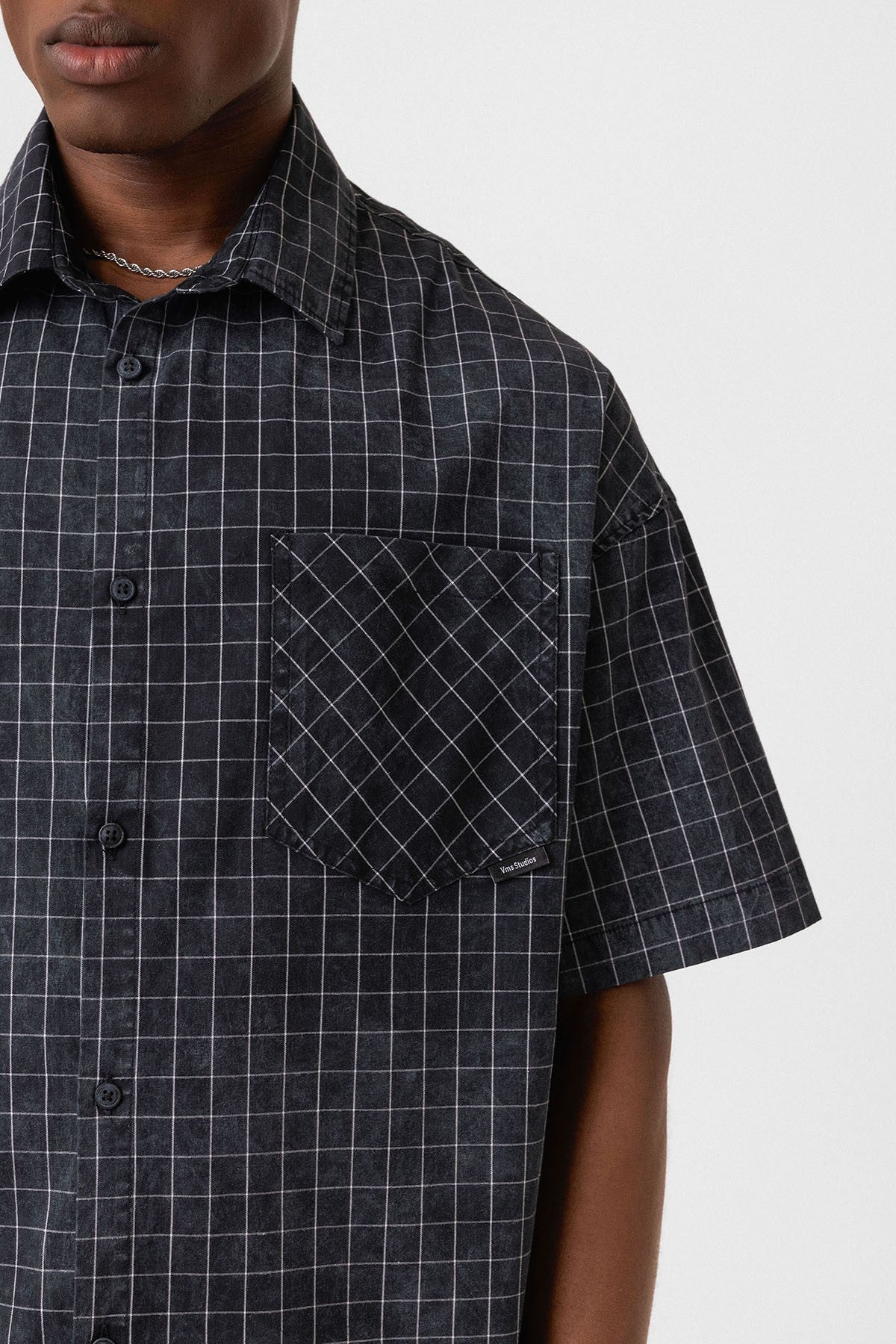 Oversized Short-Sleeve Checkered Shirt with Pockets