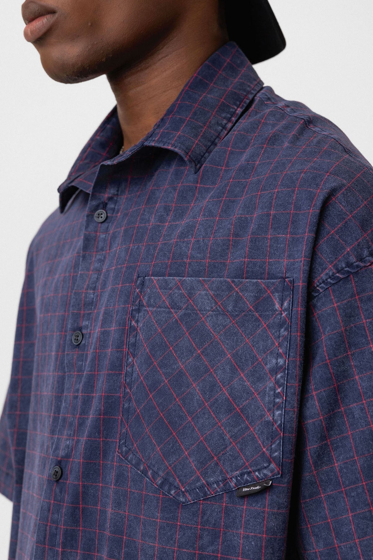 Oversized Short-Sleeve Checkered Shirt with Pockets