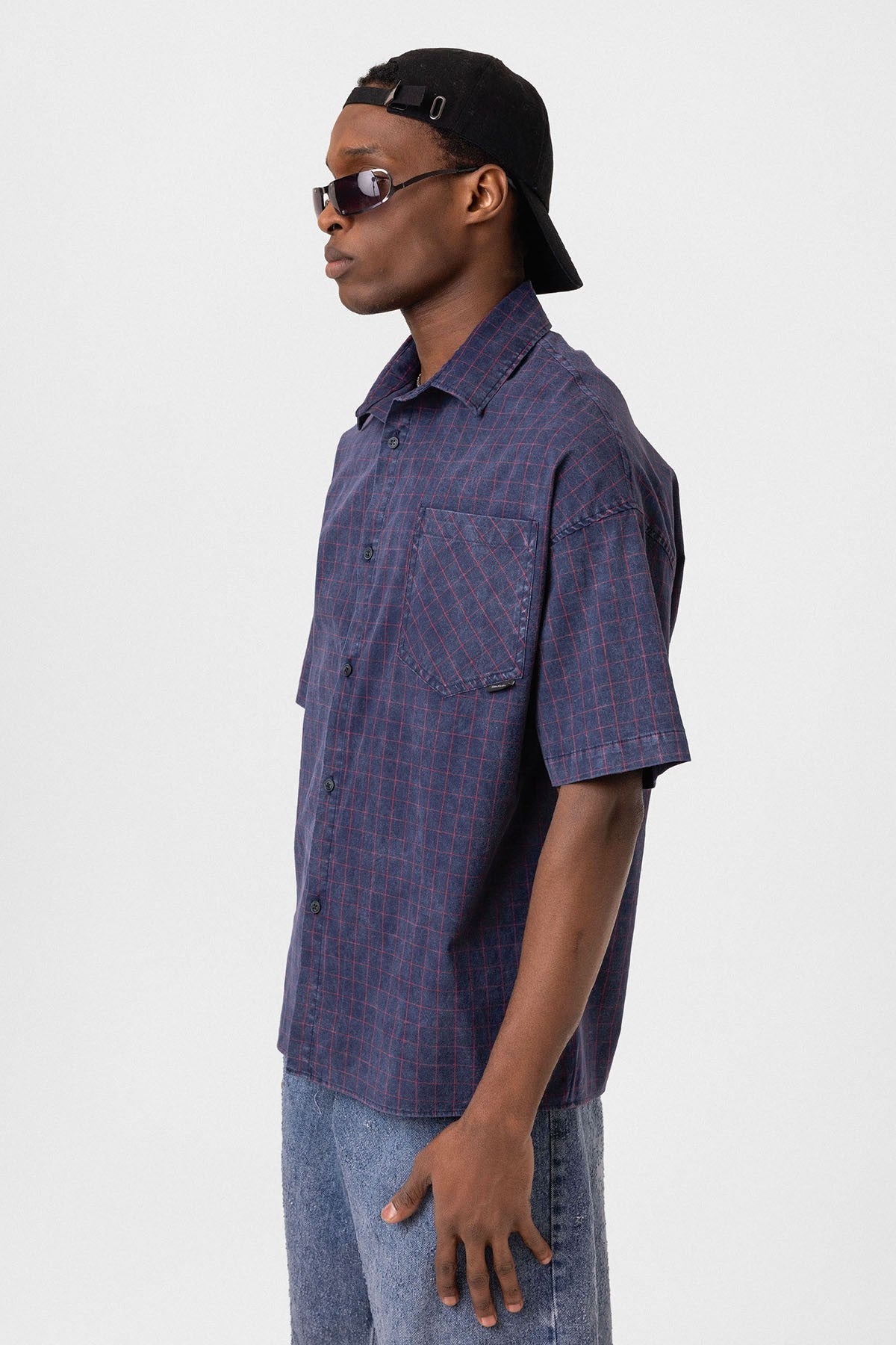 Oversized Short-Sleeve Checkered Shirt with Pockets
