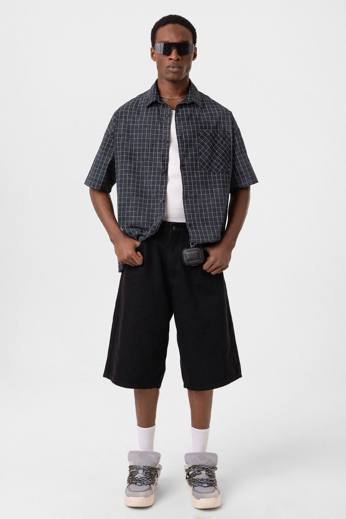 Oversized Short-Sleeve Checkered Shirt with Pockets
