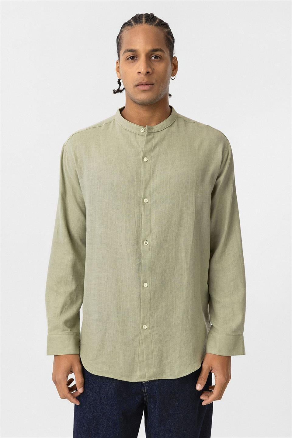 Oversized Long-Sleeved Cotton-Linen Shirt with a Stand-Up Collar