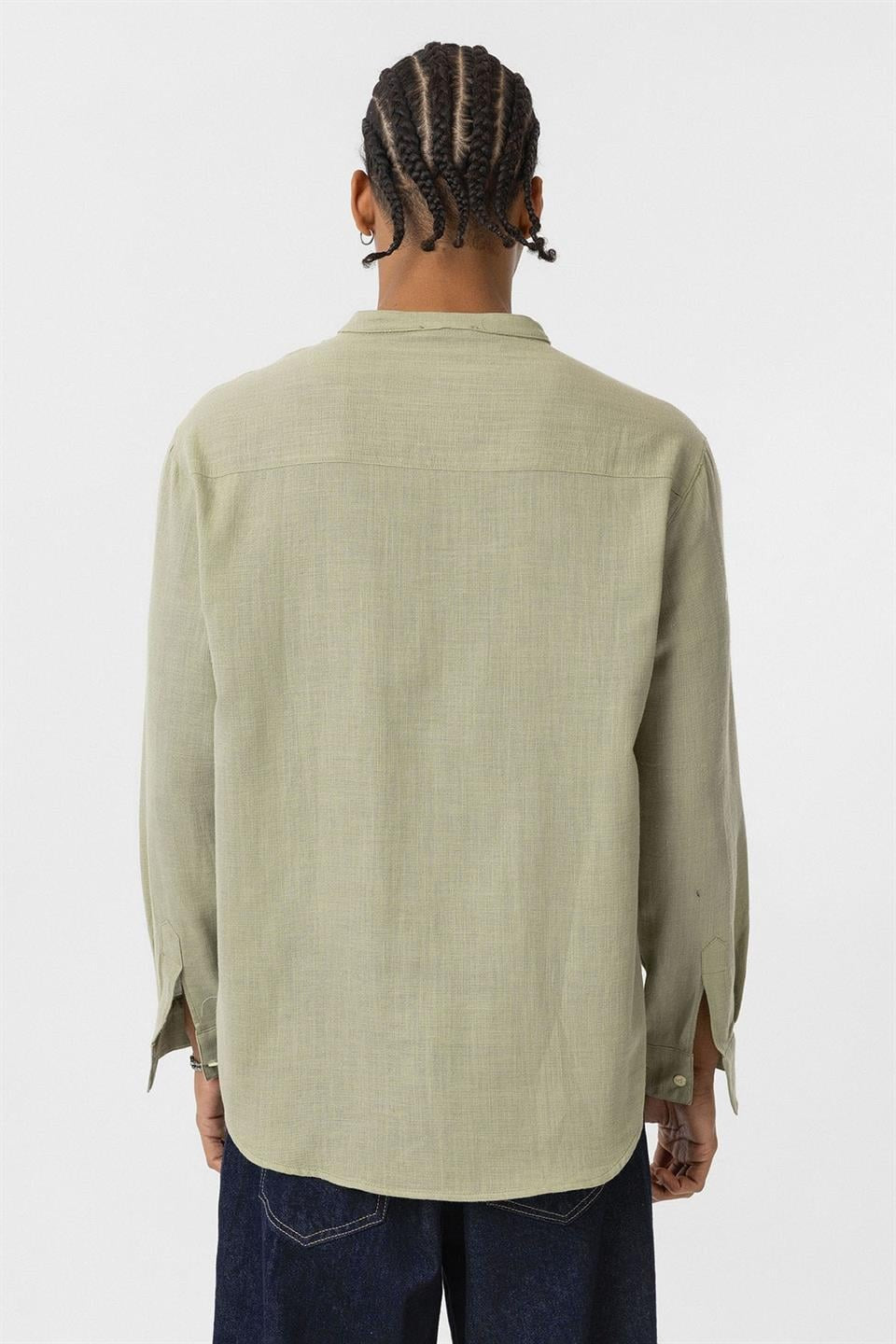 Oversized Long-Sleeved Cotton-Linen Shirt with a Stand-Up Collar