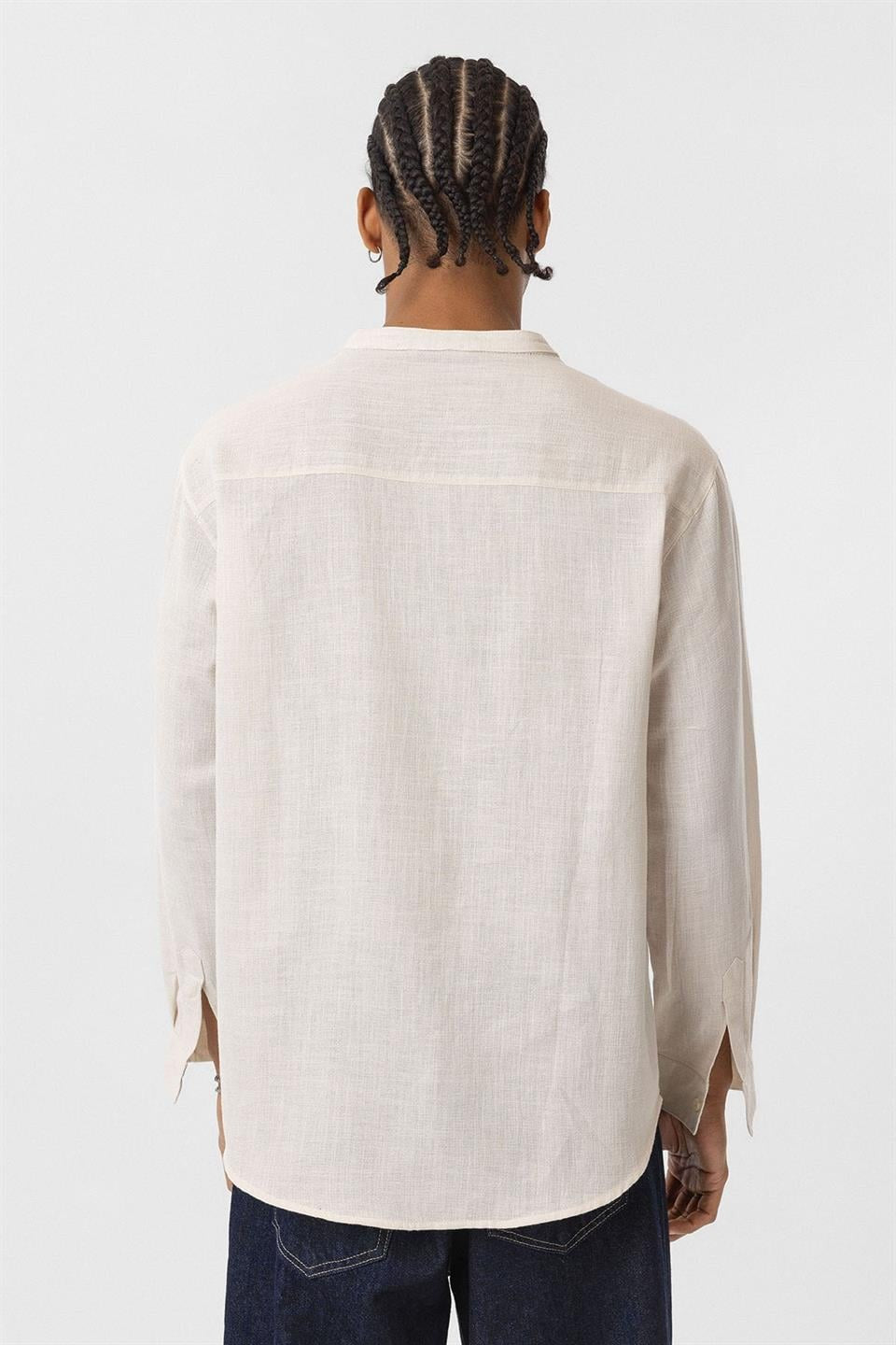 Oversized Long-Sleeved Cotton-Linen Shirt with a Stand-Up Collar