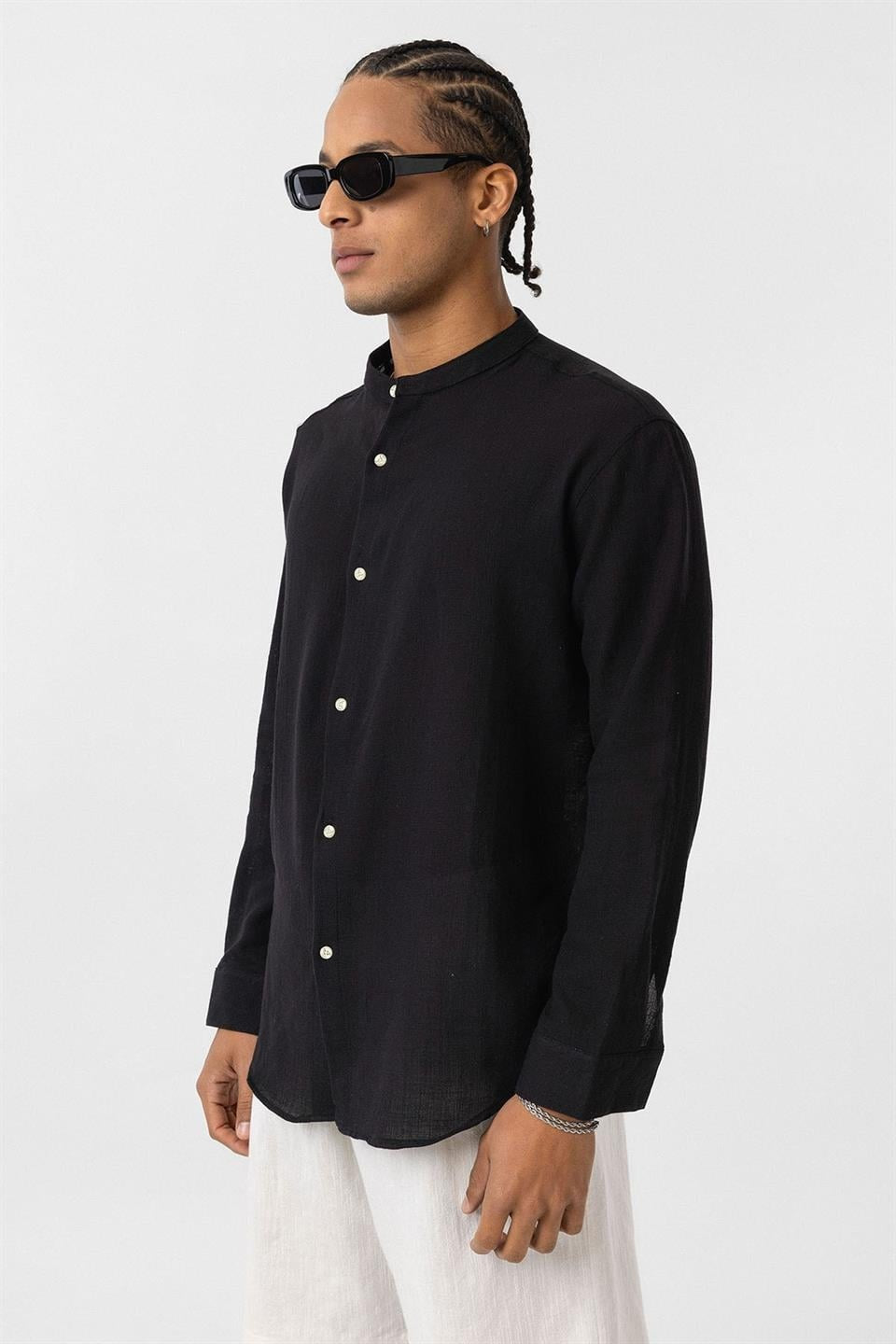 Oversized Long-Sleeved Cotton-Linen Shirt with a Stand-Up Collar
