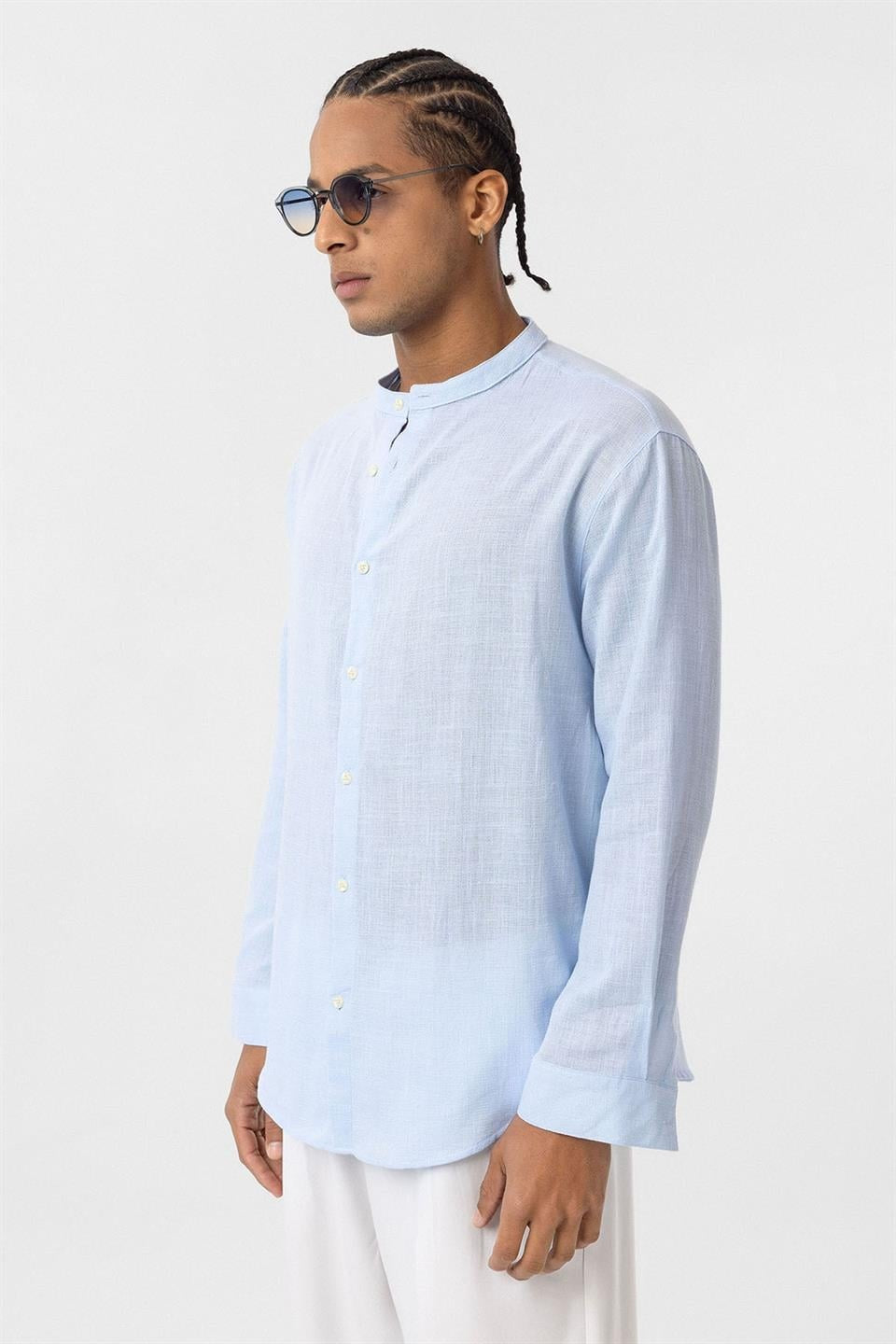 Oversized Long-Sleeved Cotton-Linen Shirt with a Stand-Up Collar