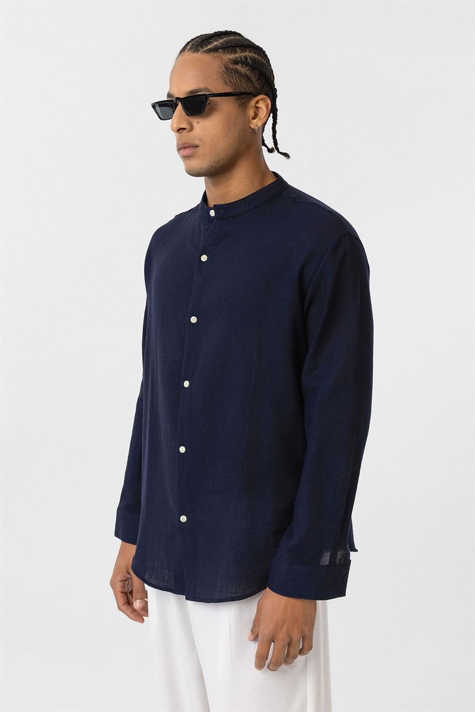 Oversized Long-Sleeved Cotton-Linen Shirt with a Stand-Up Collar