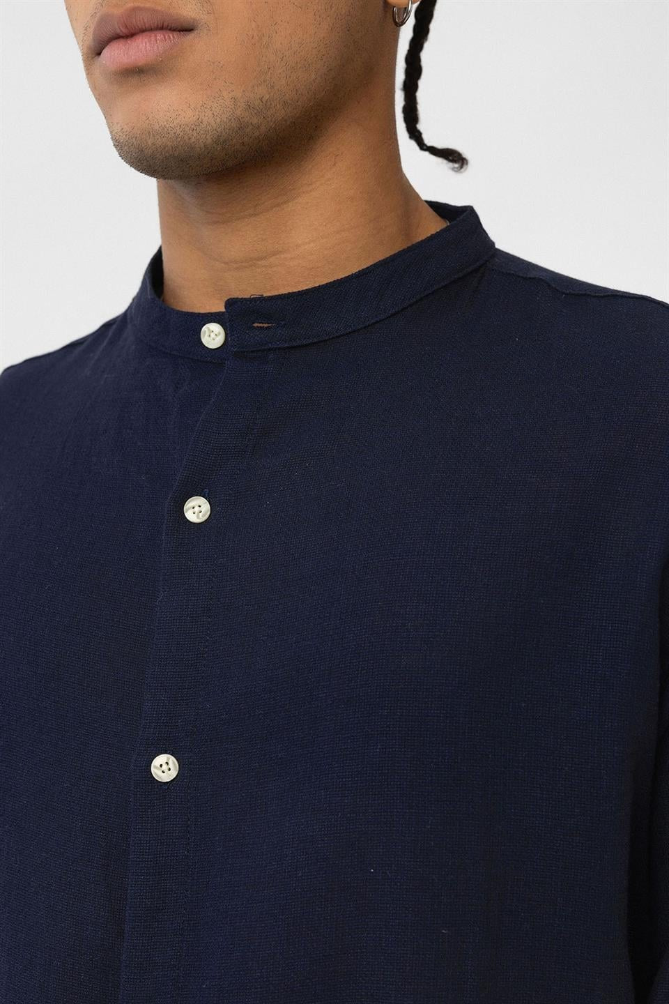 Oversized Long-Sleeved Cotton-Linen Shirt with a Stand-Up Collar