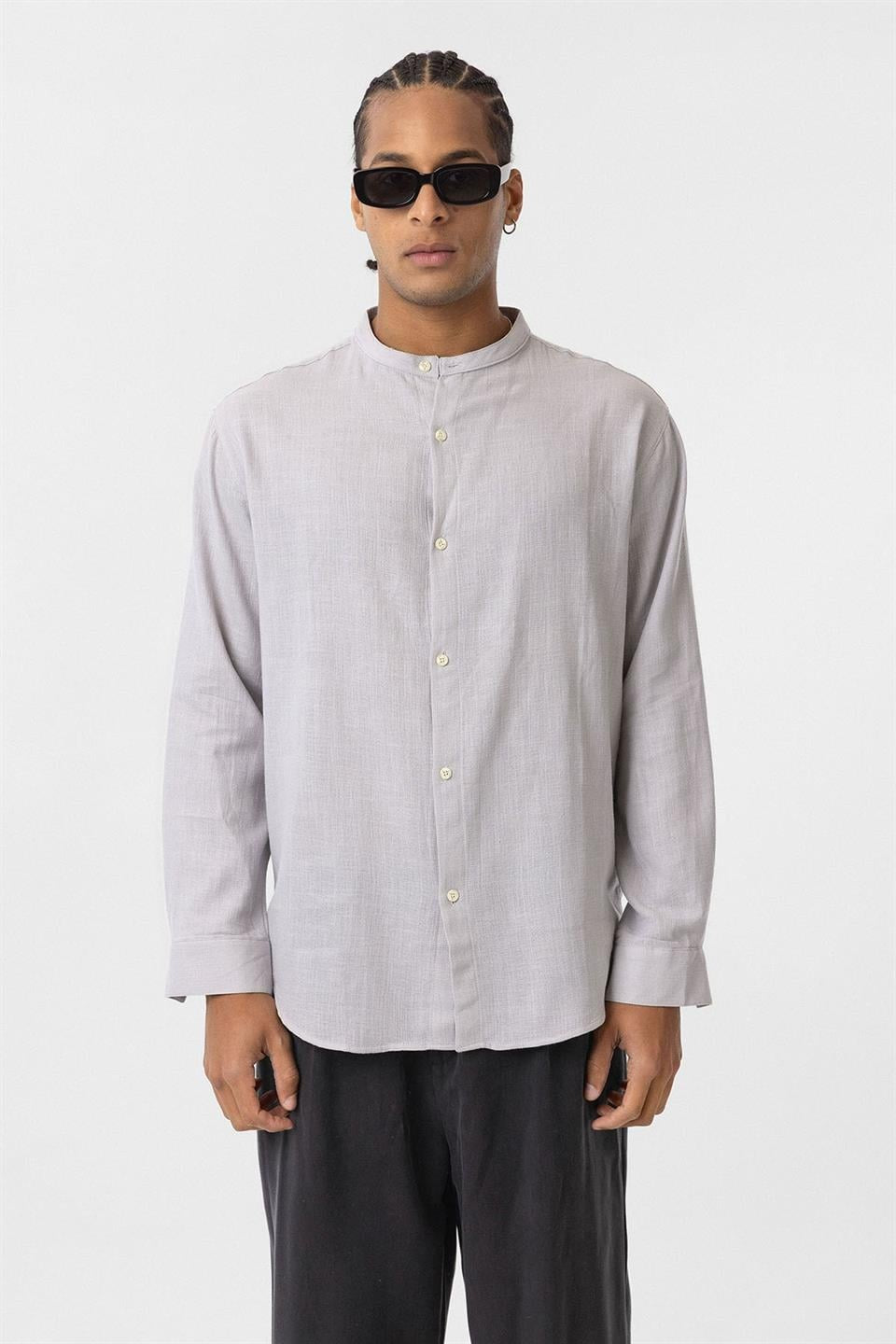 Oversized Long-Sleeved Cotton-Linen Shirt with a Stand-Up Collar