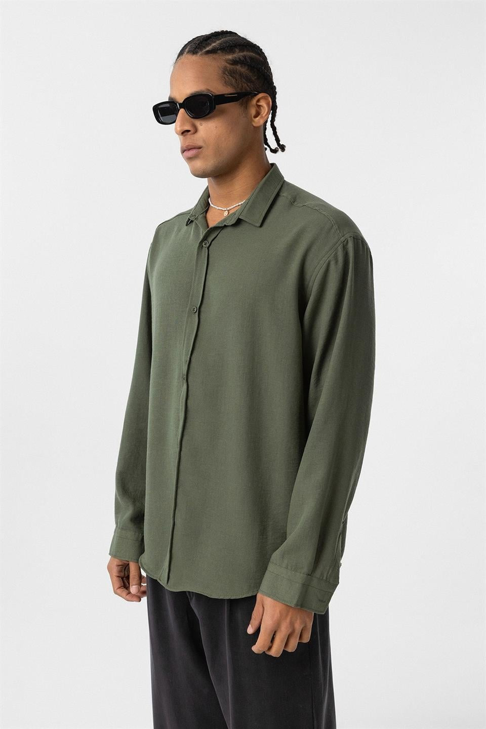 Basic Oversized Long-Sleeve Linen-Look Shirt