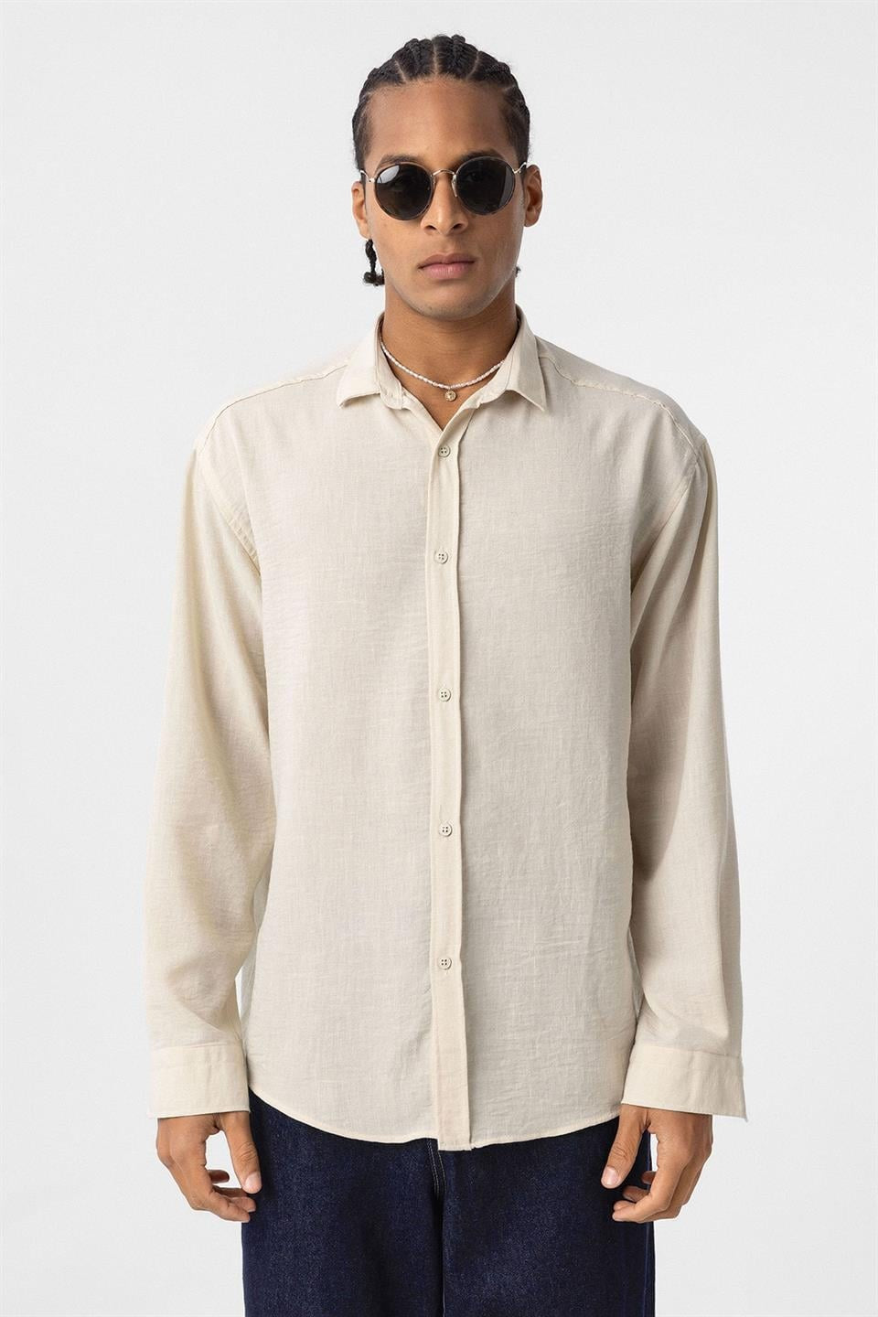 Basic Oversized Long-Sleeve Linen-Look Shirt