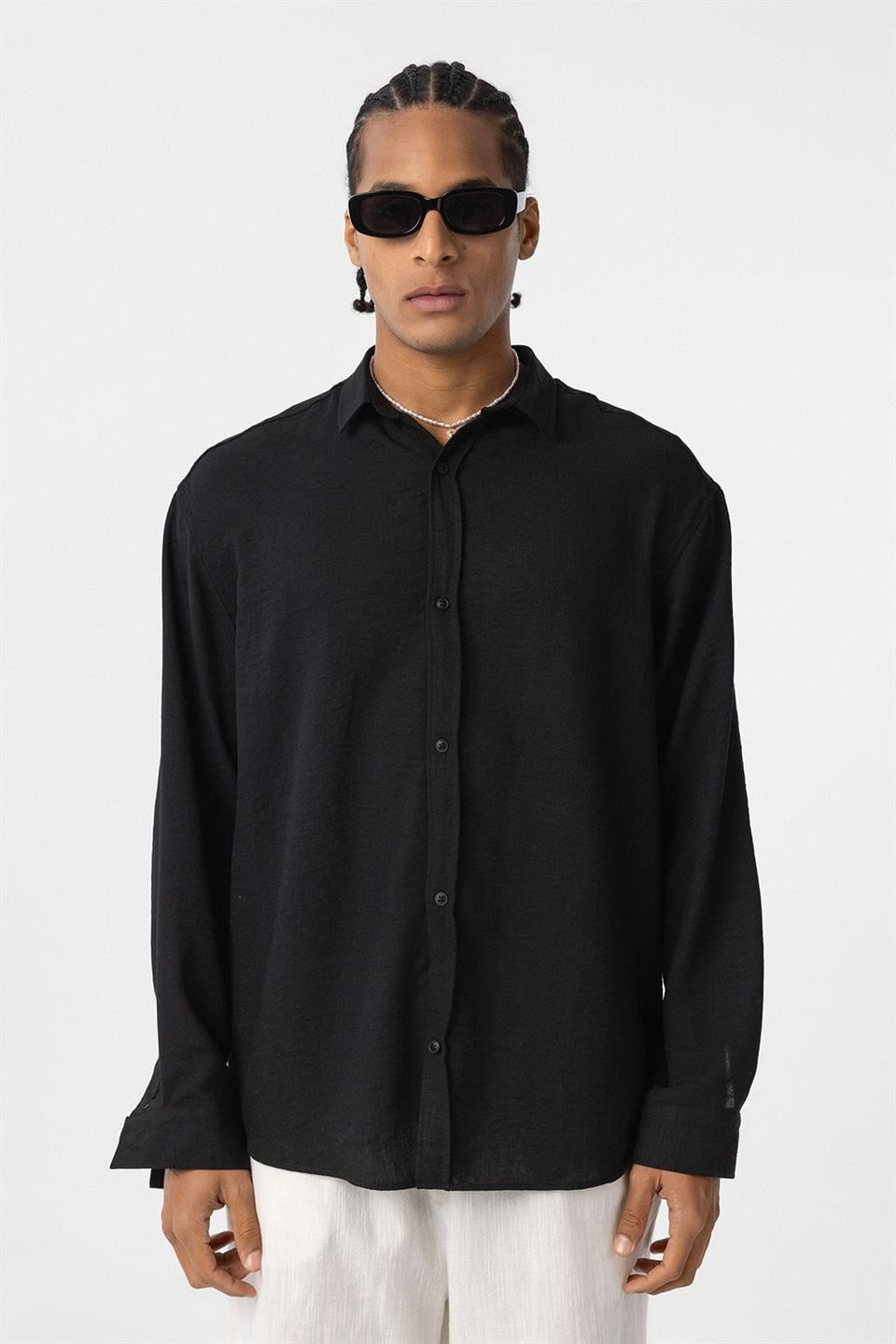 Basic Oversized Long-Sleeve Linen-Look Shirt