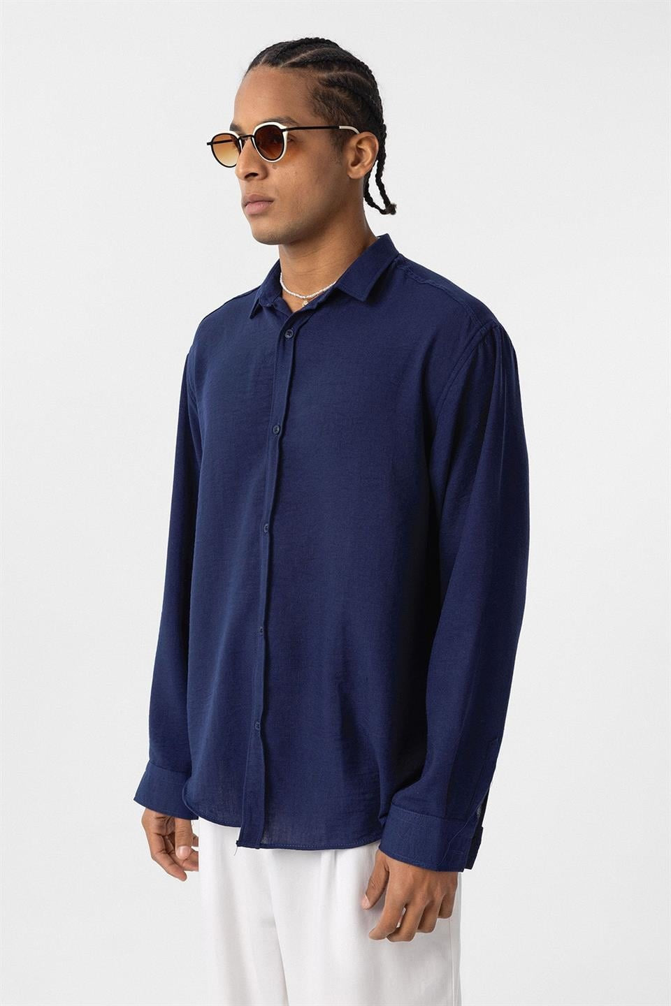 Basic Oversized Long-Sleeve Linen-Look Shirt