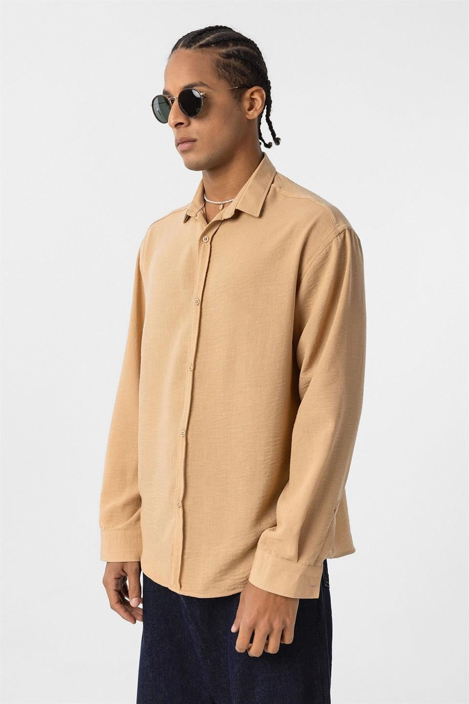 Basic Oversized Long-Sleeve Linen-Look Shirt