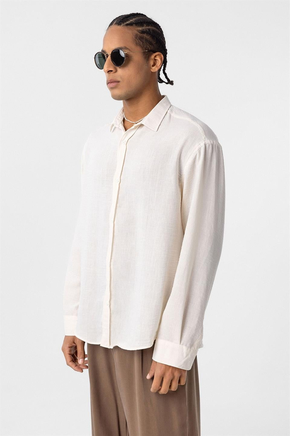 Basic Oversized Long-Sleeve Linen-Look Shirt