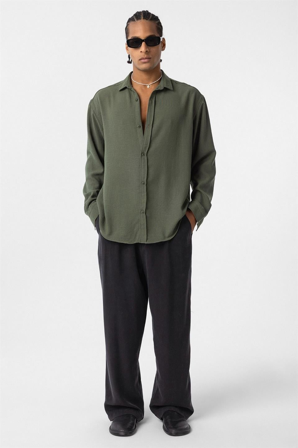 Basic Oversized Long-Sleeve Linen-Look Shirt