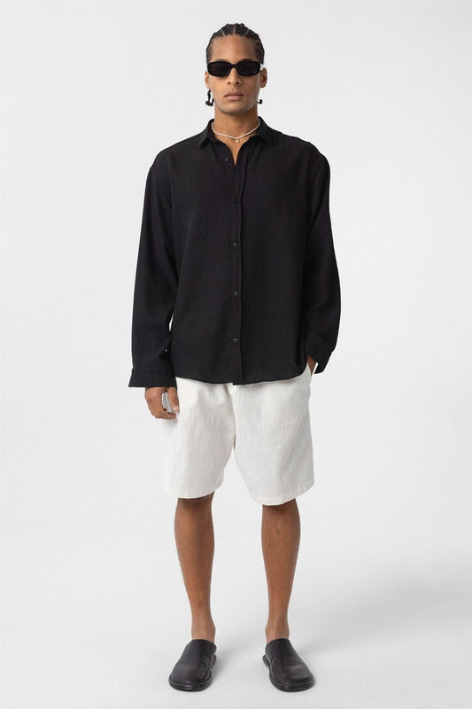 Basic Oversized Long-Sleeve Linen-Look Shirt