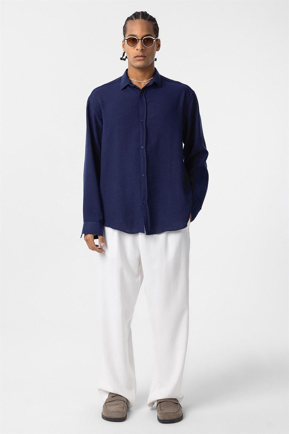 Basic Oversized Long-Sleeve Linen-Look Shirt