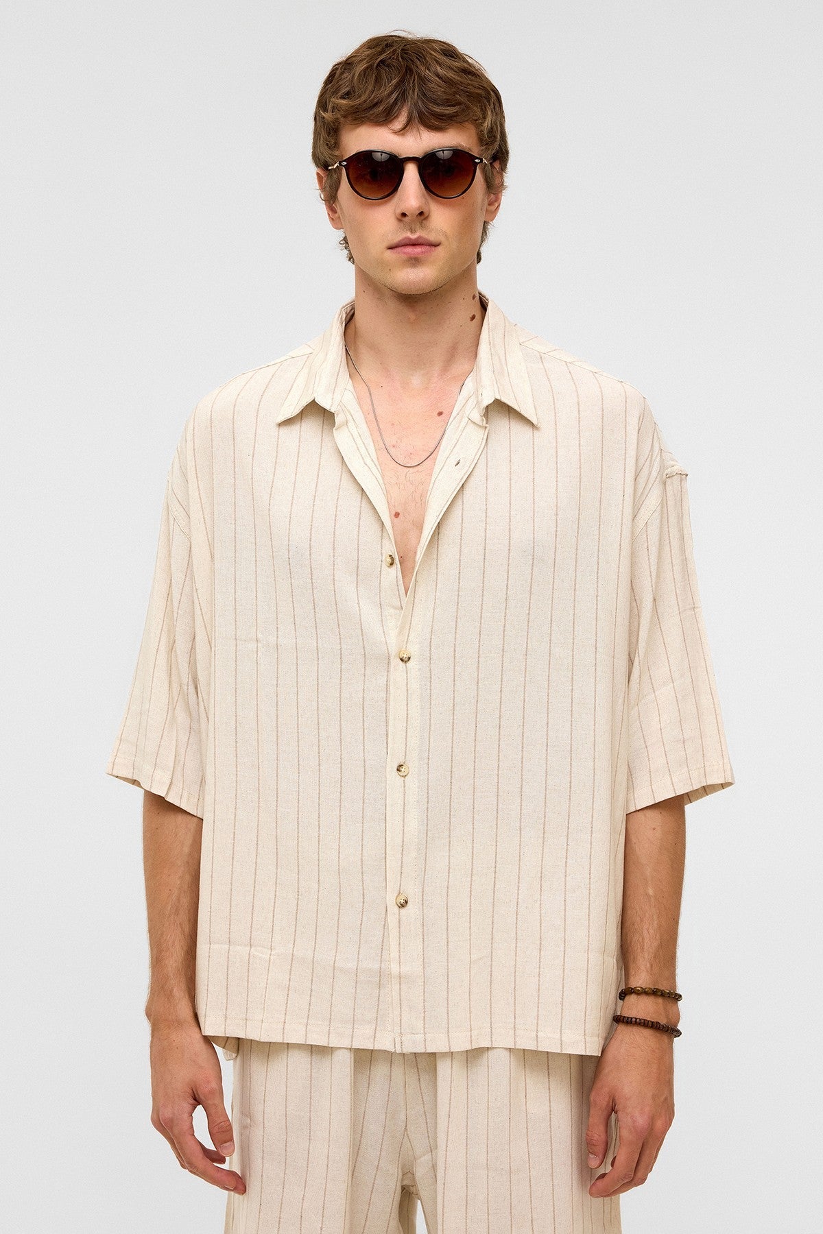 Oversized Striped Short-Sleeved Linen Shirt