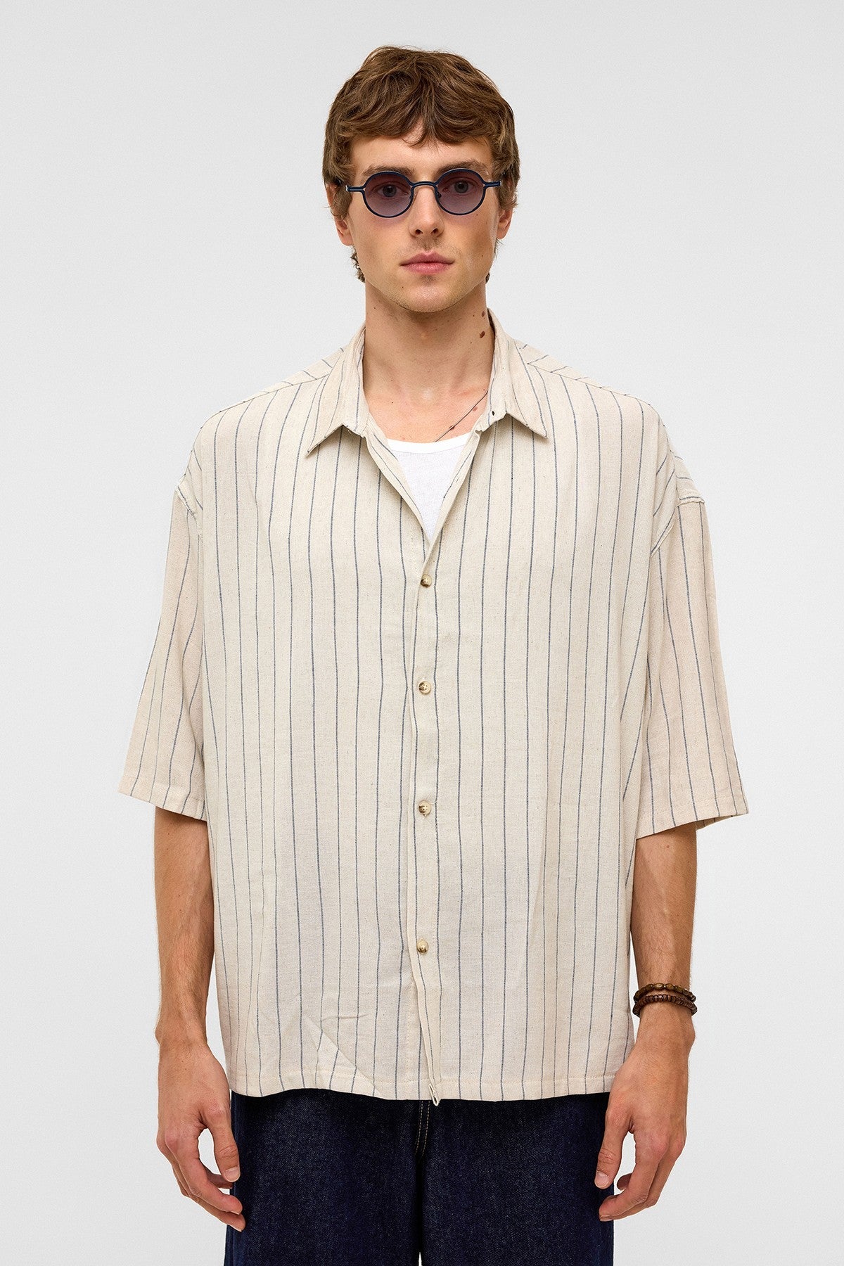 Oversized Striped Short-Sleeved Linen Shirt