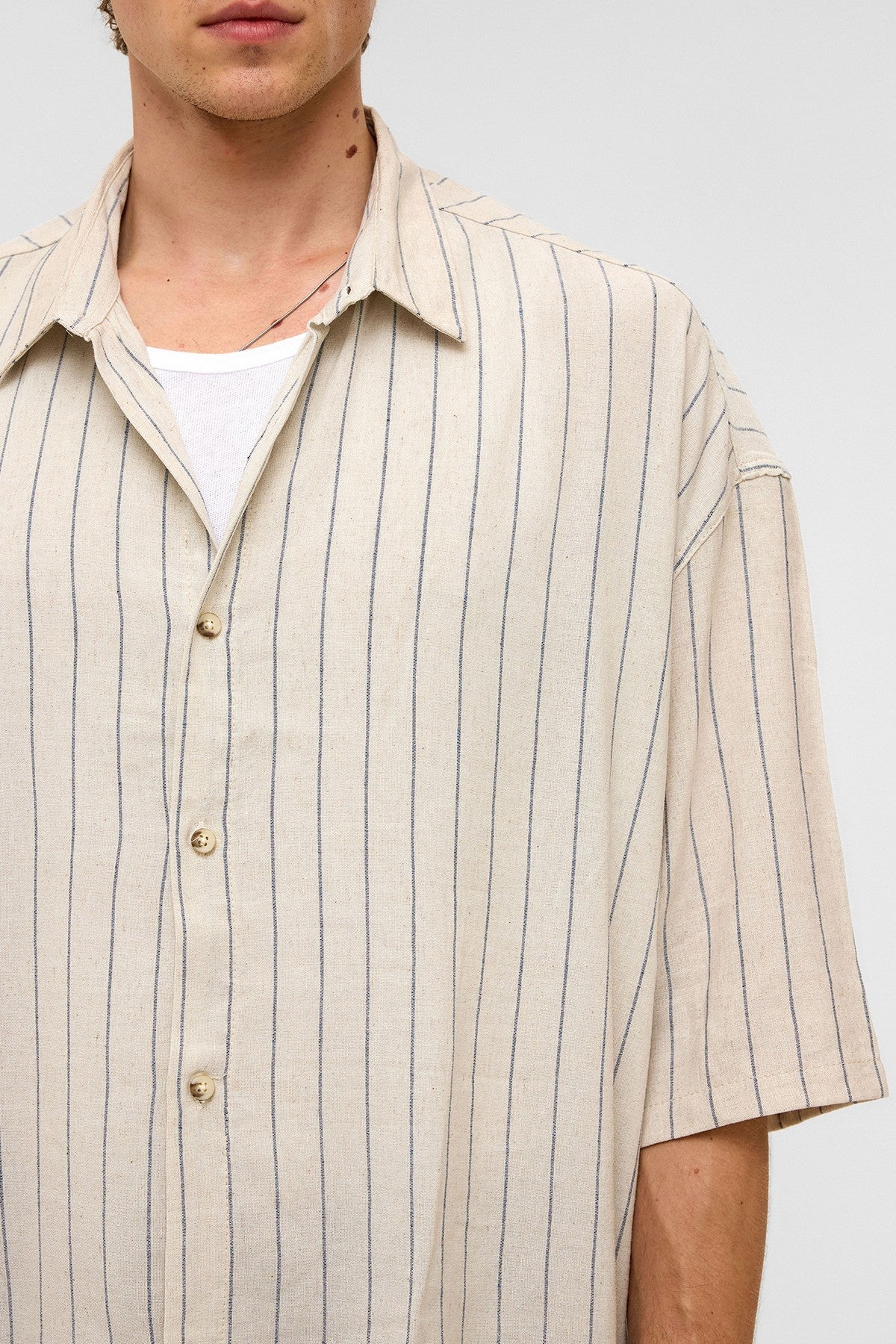 Oversized Striped Short-Sleeved Linen Shirt