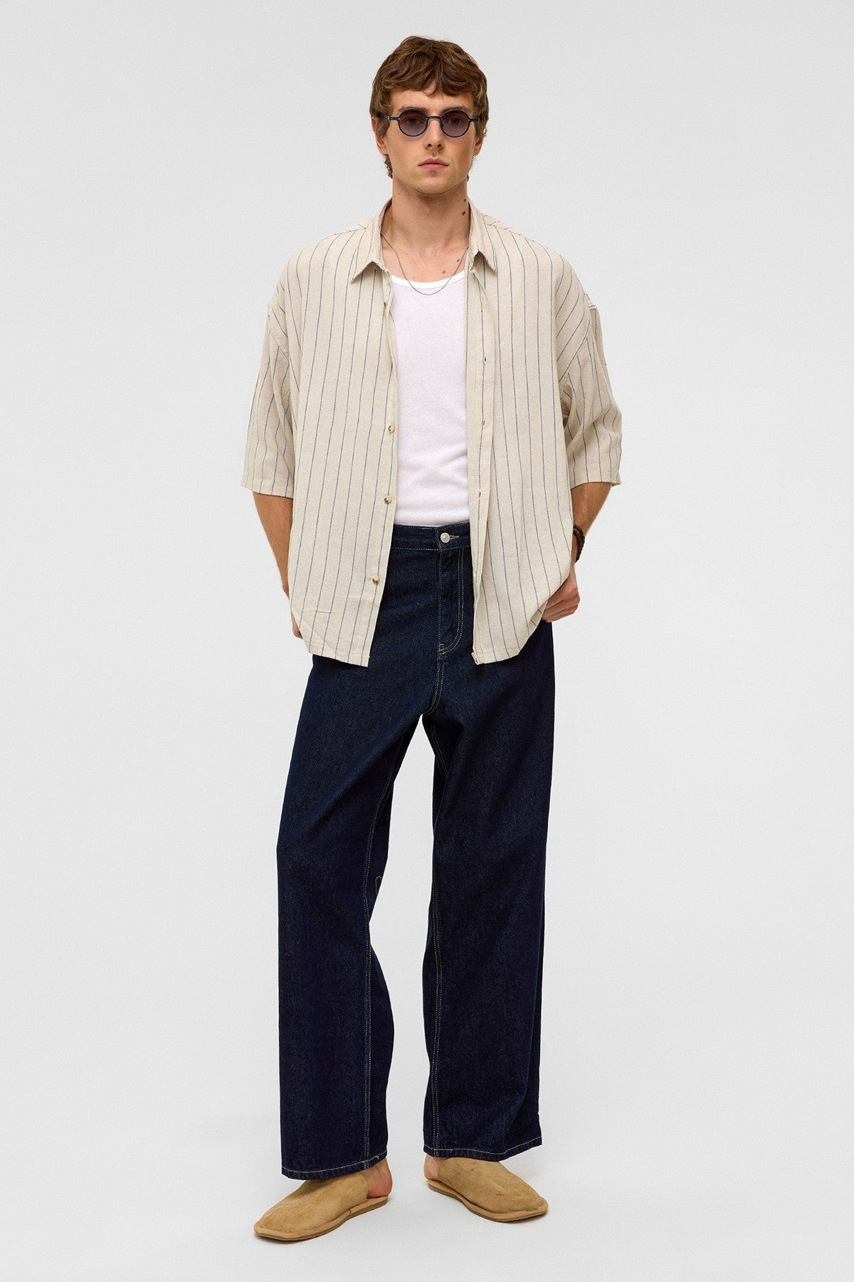 Oversized Striped Short-Sleeved Linen Shirt
