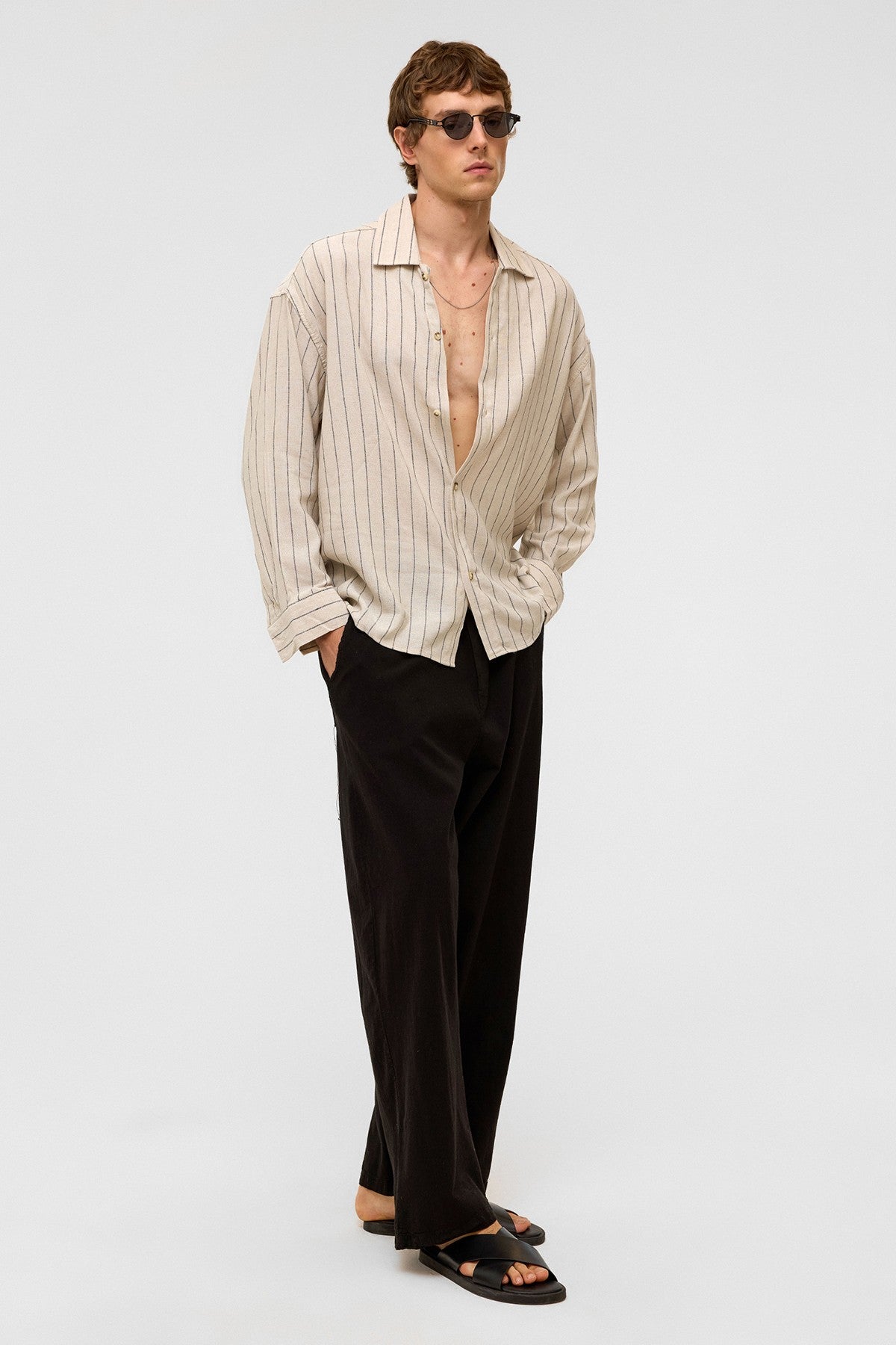 Oversized Long-Sleeved Striped Linen Shirt