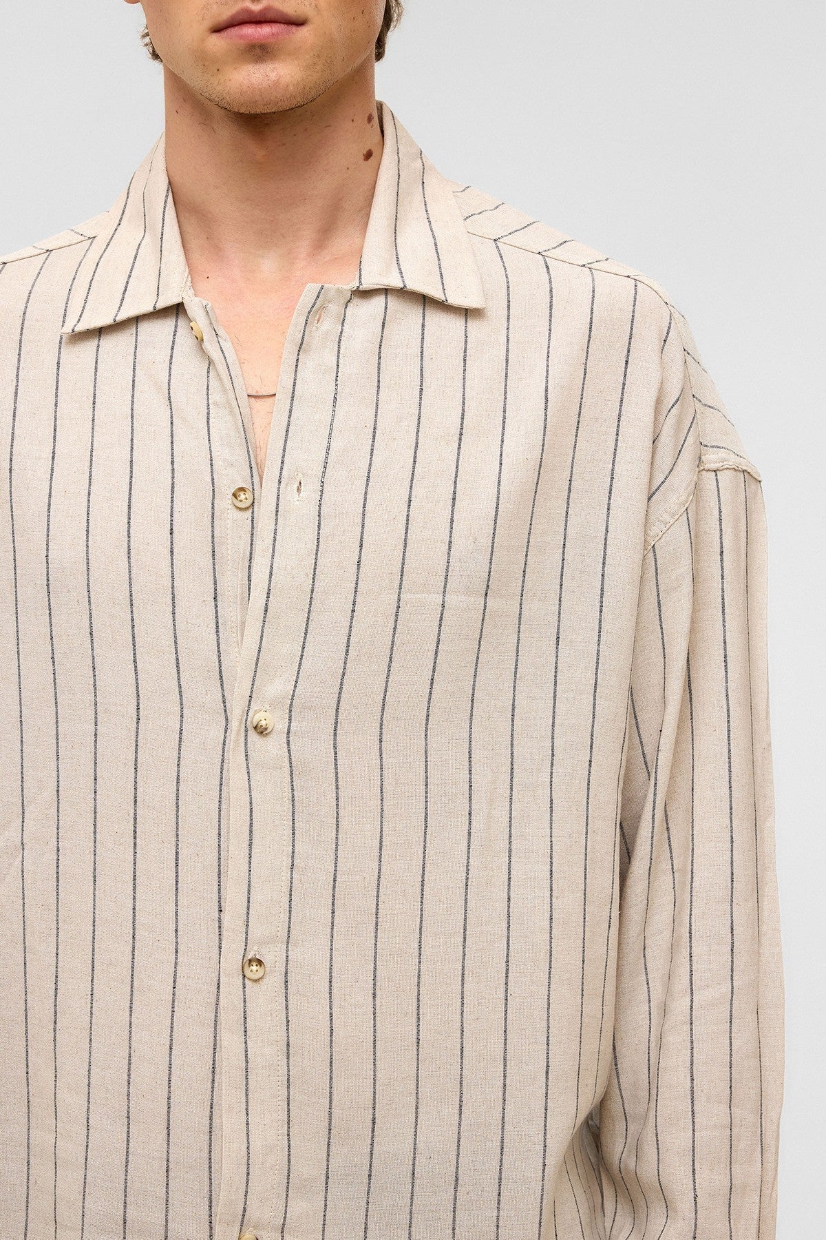 Oversized Long-Sleeved Striped Linen Shirt