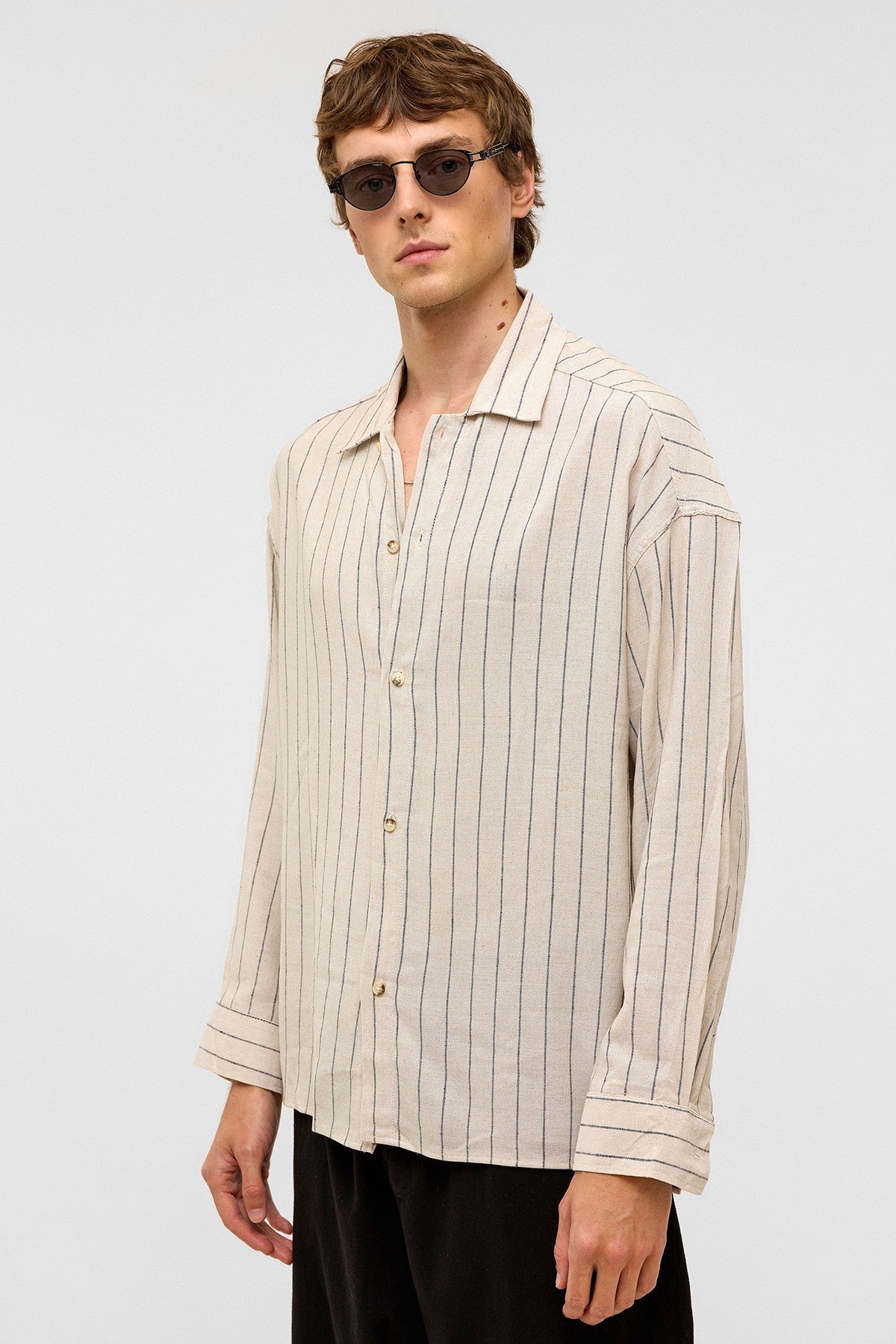 Oversized Long-Sleeved Striped Linen Shirt