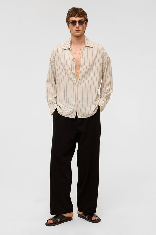 Oversized Long-Sleeved Striped Linen Shirt