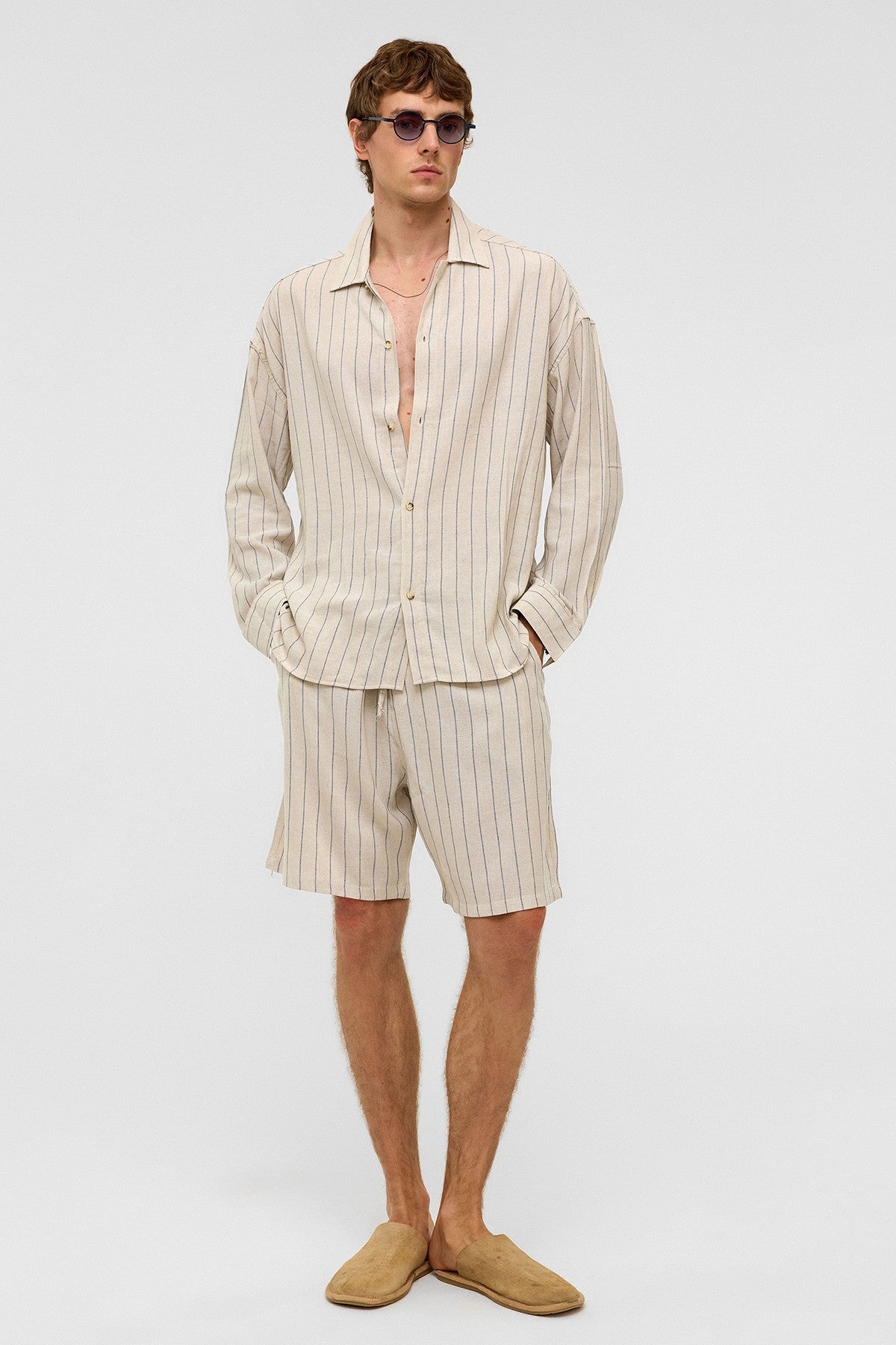 Oversized Long-Sleeved Striped Linen Shirt
