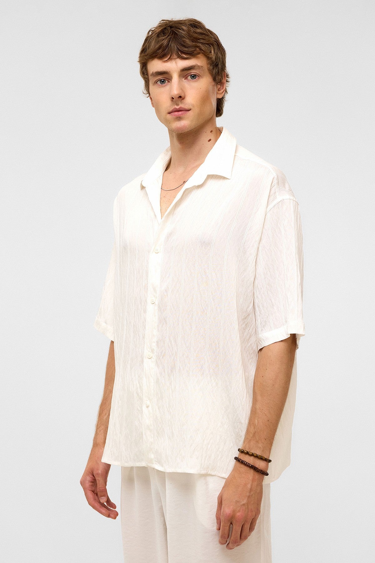 Oversized Striped Short-Sleeved Modal Shirt