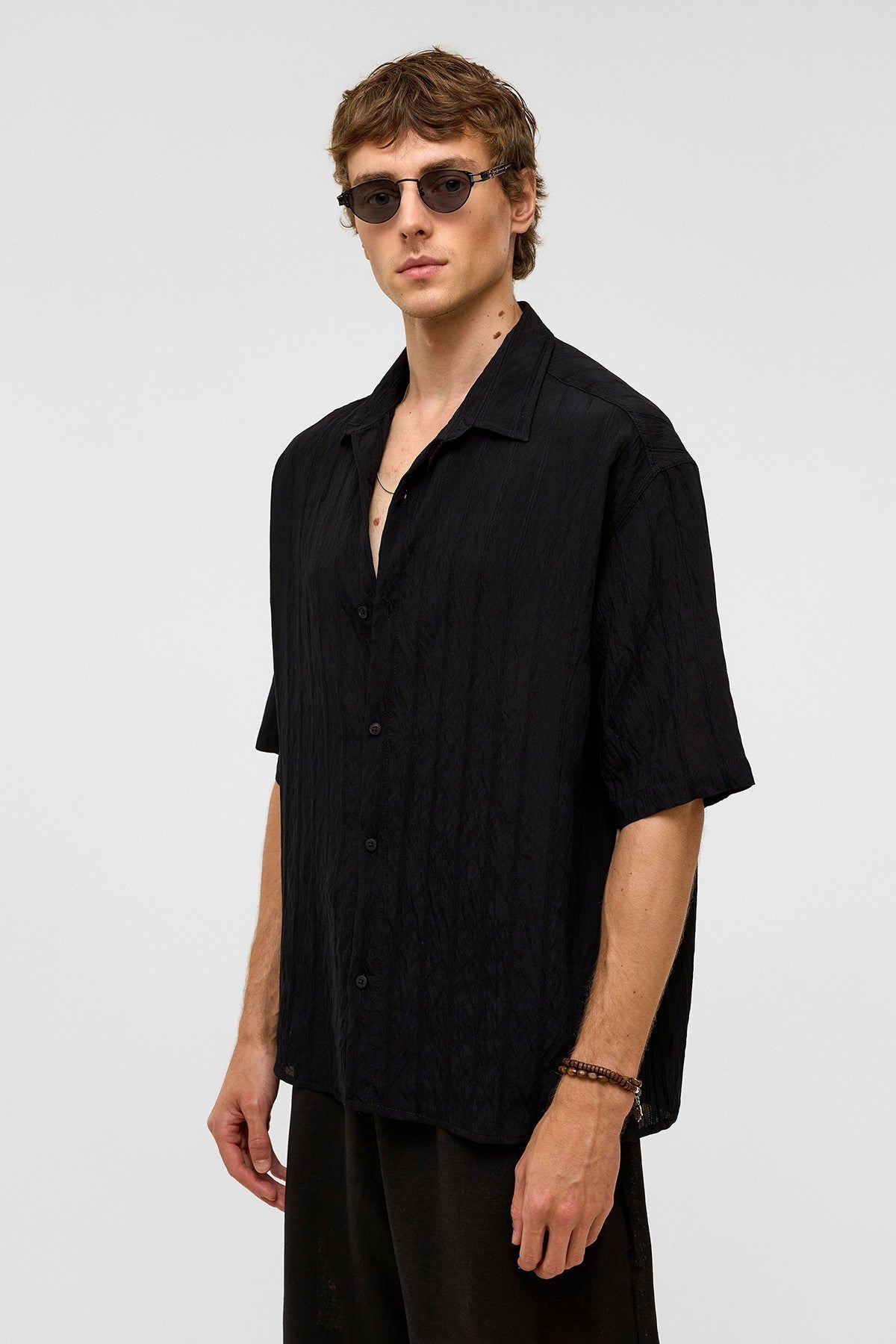 Oversized Striped Short-Sleeved Modal Shirt