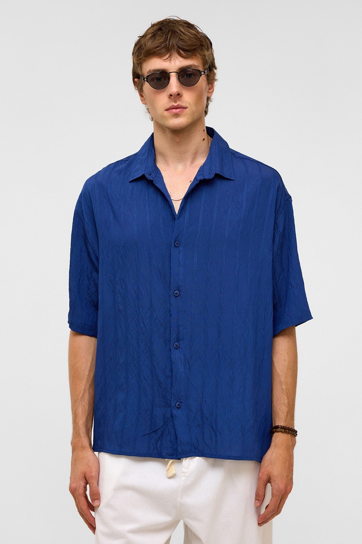 Oversized Striped Short-Sleeved Modal Shirt