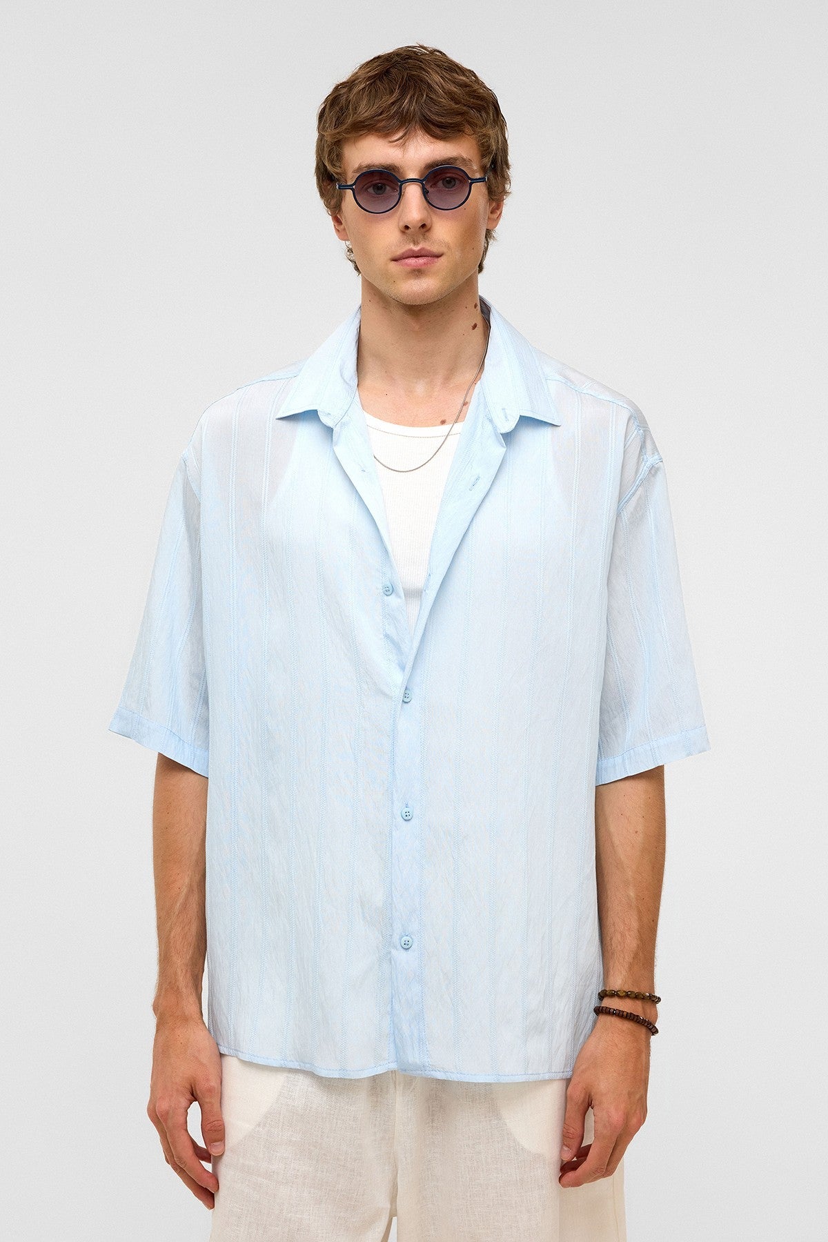 Oversized Striped Short-Sleeved Modal Shirt