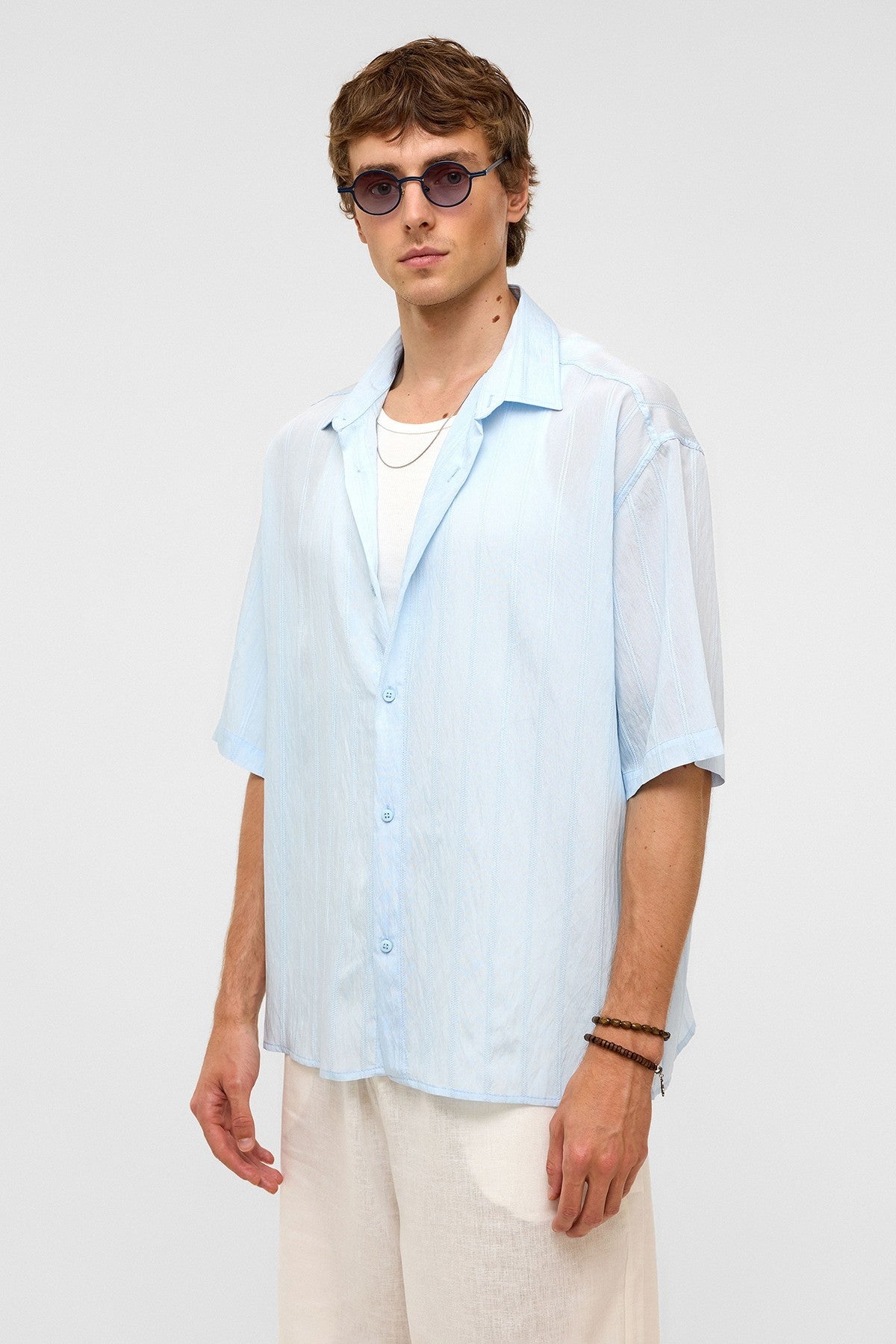 Oversized Striped Short-Sleeved Modal Shirt