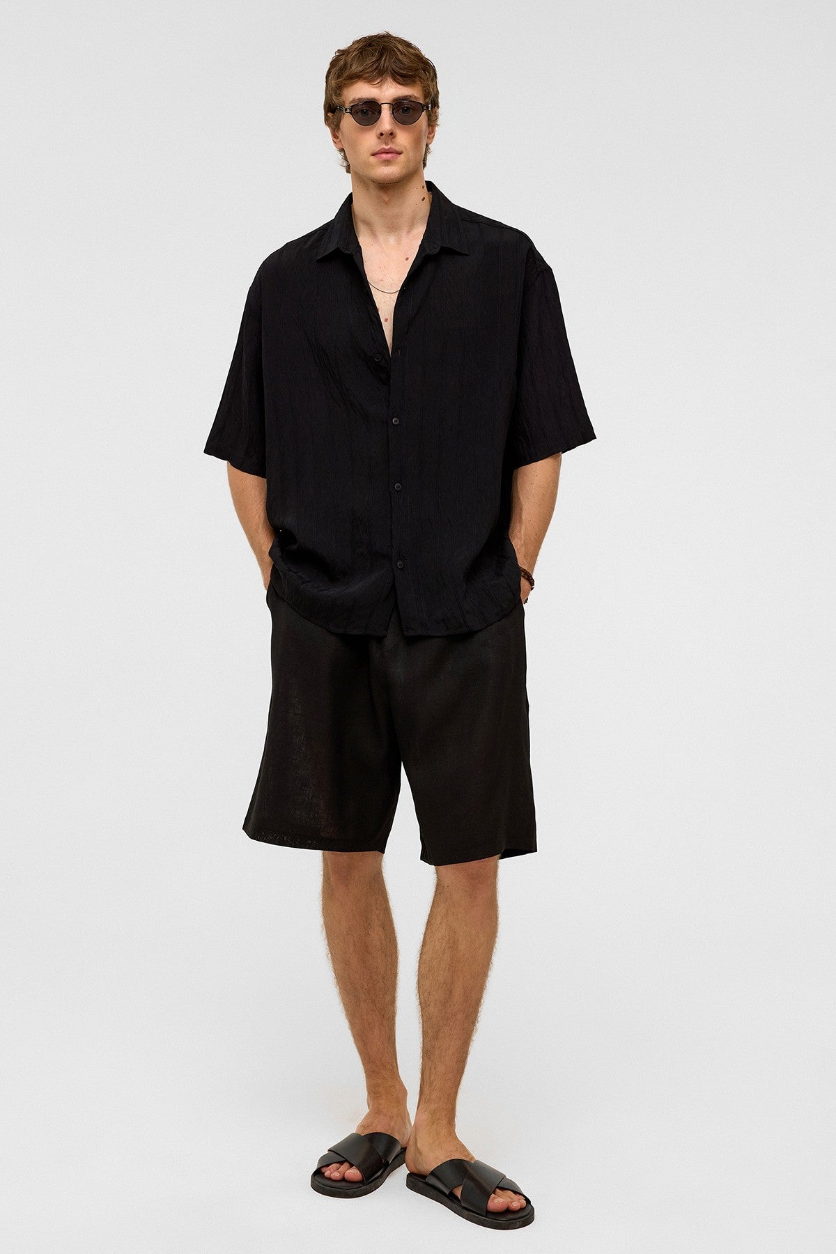 Oversized Striped Short-Sleeved Modal Shirt